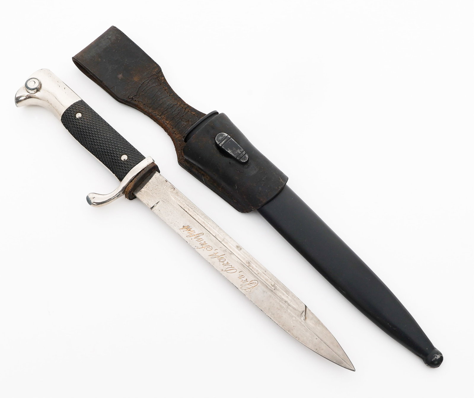 WWII GERMAN ACID ETCHED K98 BAYONET by EICKHORN: WWII GERMAN ACID ETCHED K98 BAYONET by EICKHORN WWII German Acid Etched K98 Bayonet. Single edged, bright blade with acid etched name (illegible) in gold wash. Maker mark of Carl Eickhorn present on t
