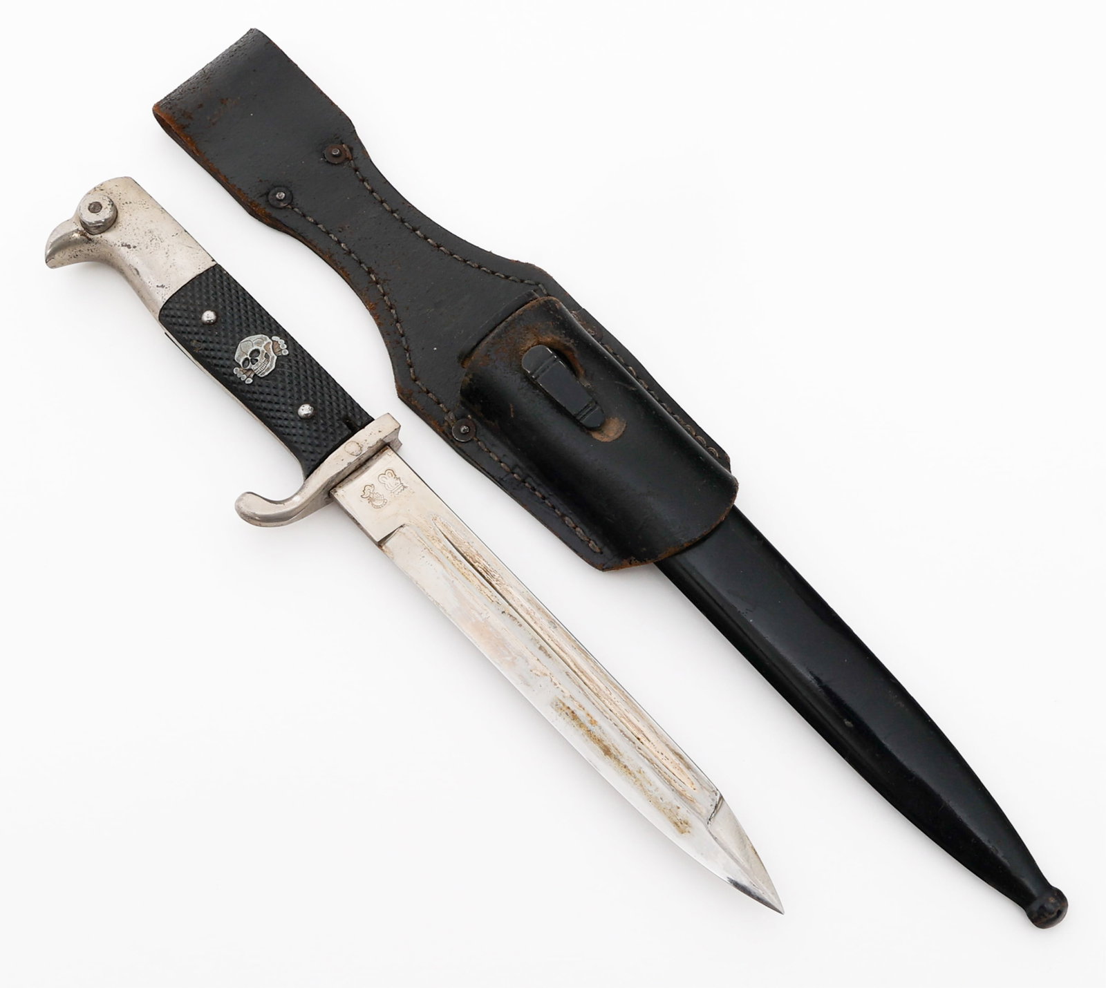 WWII GERMAN K98 DRESS BAYONET by WKC: WWII GERMAN K98 DRESS BAYONET by WKC WWII German K98 Dress Bayonet. Single edged, bright blade with fuller and maker mark of WKC stamped on the ricasso. Nickel-silver plated steel hilt. Black checkere