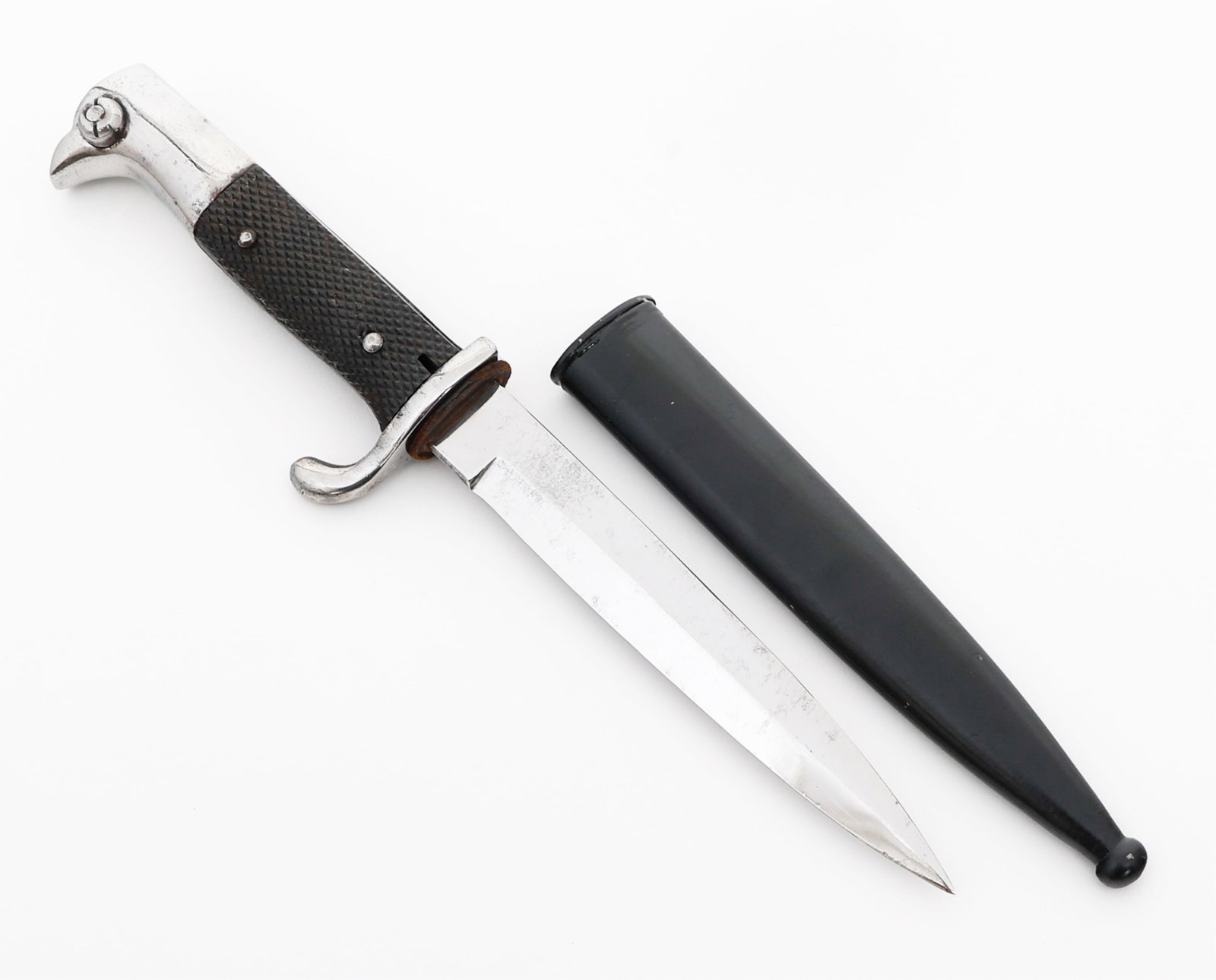 WWII GERMAN K98 DRESS BAYONET WITH SCABBARD: WWII GERMAN K98 DRESS BAYONET WITH SCABBARD WWII German K98 Dress Bayonet with Scabbard. Modified, bright, single edged blade. No visible maker marks or stamps. Leather buffer pad present. Nickel-silv