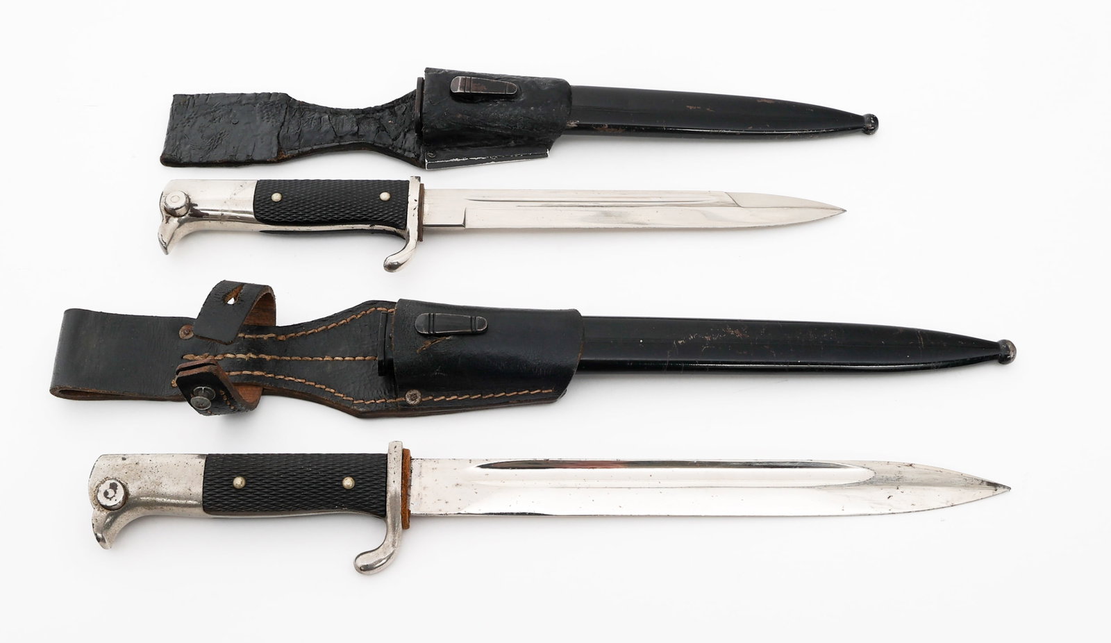 WWII GERMAN K98 DRESS BAYONETS: WWII GERMAN K98 DRESS BAYONETS WWII German K98 Dress Bayonets. (1) Single edged, bright blade with fuller. Maker marked by Alcoso on one side of the ricasso. Leather buffer pad present. Plated alloy h