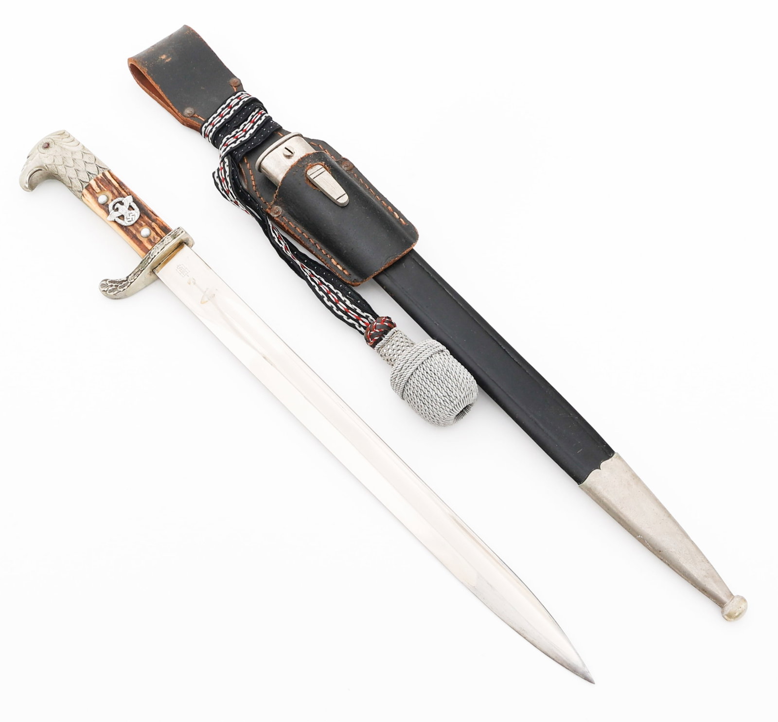 WWII GERMAN POLICE DRESS BAYONET by E & F HORSTER: WWII GERMAN POLICE DRESS BAYONET by E & F HORSTER WWII German Municipal Police Dress Bayonet. Single edged, bright blade with fuller Maker mark and logo of E & F Horster on the ricasso. Decorated nick
