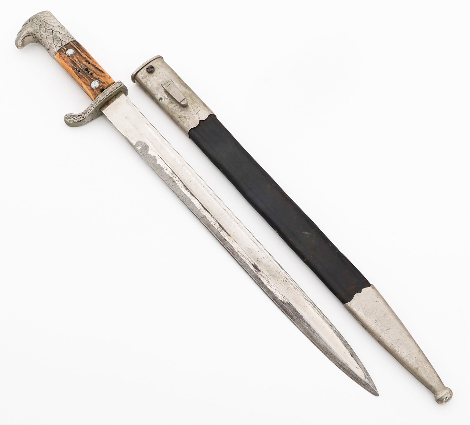 WWII GERMAN POLICE DRESS BAYONET by EWALD CLEFF: WWII GERMAN POLICE DRESS BAYONET by EWALD CLEFF WWII German Police Dress Bayonet. Single edged, cut-down, bright blade with maker mark of Ewald Cleff stamped near the ricasso. Nickel-silver hilt with 