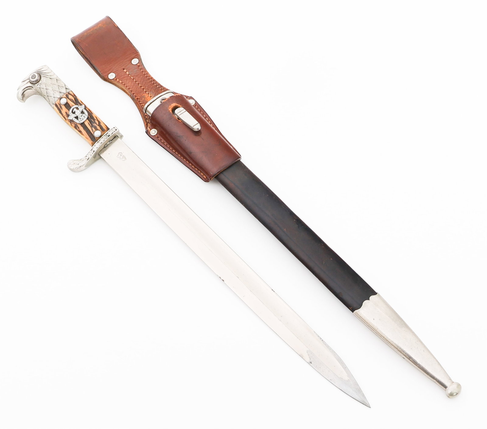 WWII GERMAN POLICE DRESS BAYONET by WEYERSBERG: WWII GERMAN POLICE DRESS BAYONET by WEYERSBERG WWII German Police Dress Bayonet. Single edged, bright blade with fuller. Maker mark and logo Weyersberg Kirschbaum on the ricasso. Decorated, nickel-sil