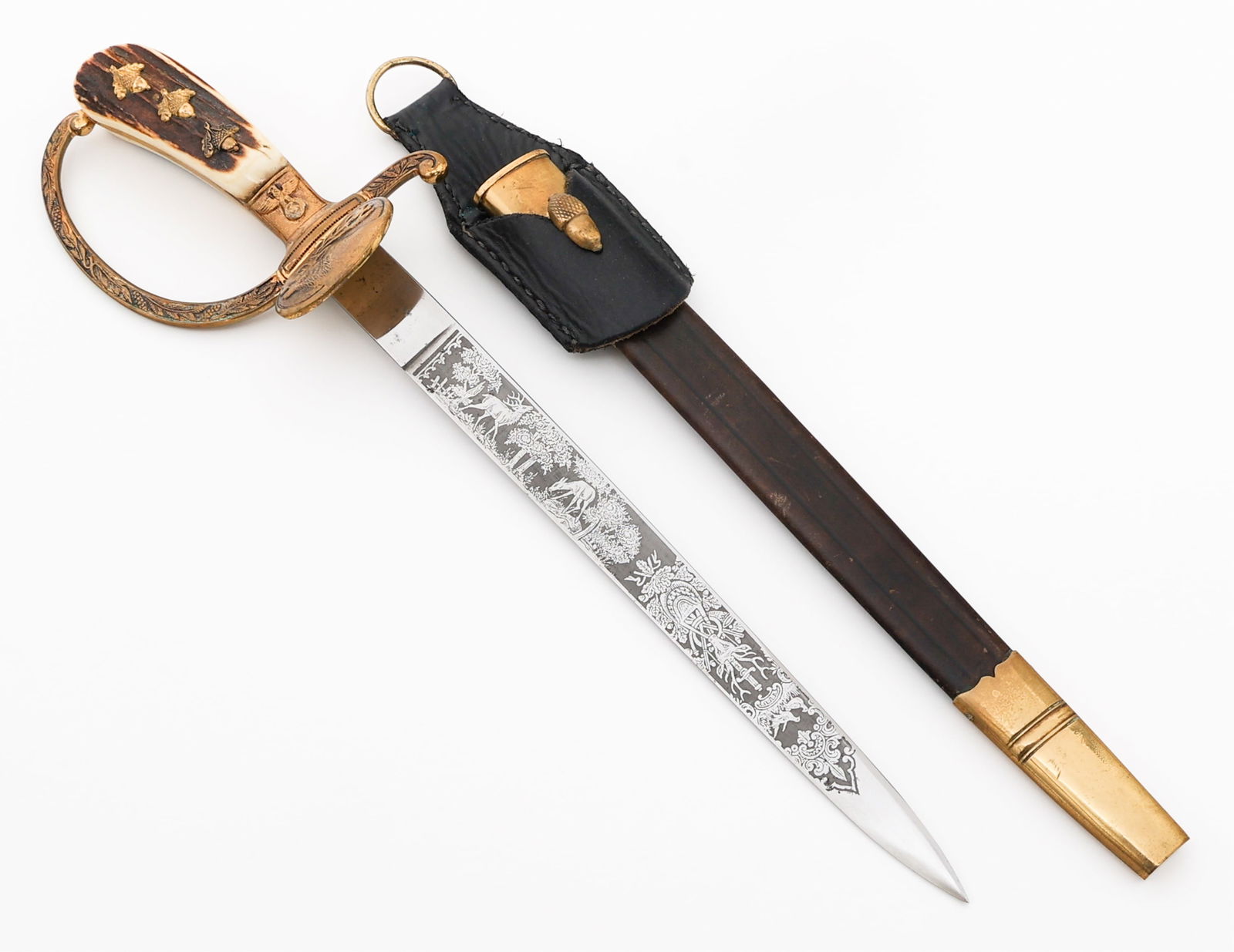 WWII GERMAN ASSISTANT FORESTERS DAGGER by HOLLER: WWII GERMAN ASSISTANT FORESTERS DAGGER by HOLLER WWII German Assistant Forester's Dagger. Single edged, bright, double acid etched blade. Hunting and forestry designs etched on both sides. Maker marke