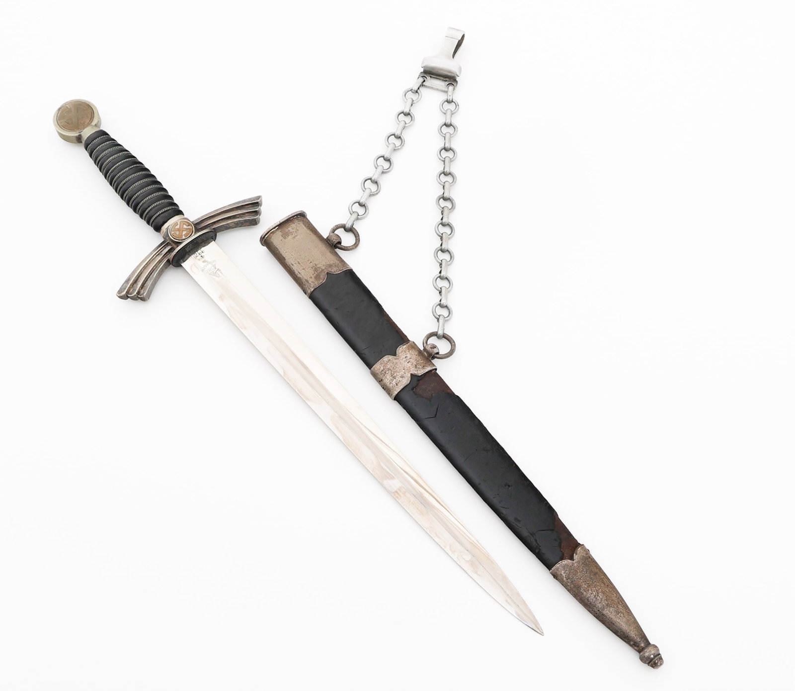 WWII GERMAN LUFTWAFFE 1st MODEL DAGGER by SMF: WWII GERMAN LUFTWAFFE 1st MODEL DAGGER by SMF WWII German Luftwaffe 1st Model Dagger. Double edged, bright blade with maker mark by SMF, Luftwaffe waffenamt stamp, and "266" etched on one side near th
