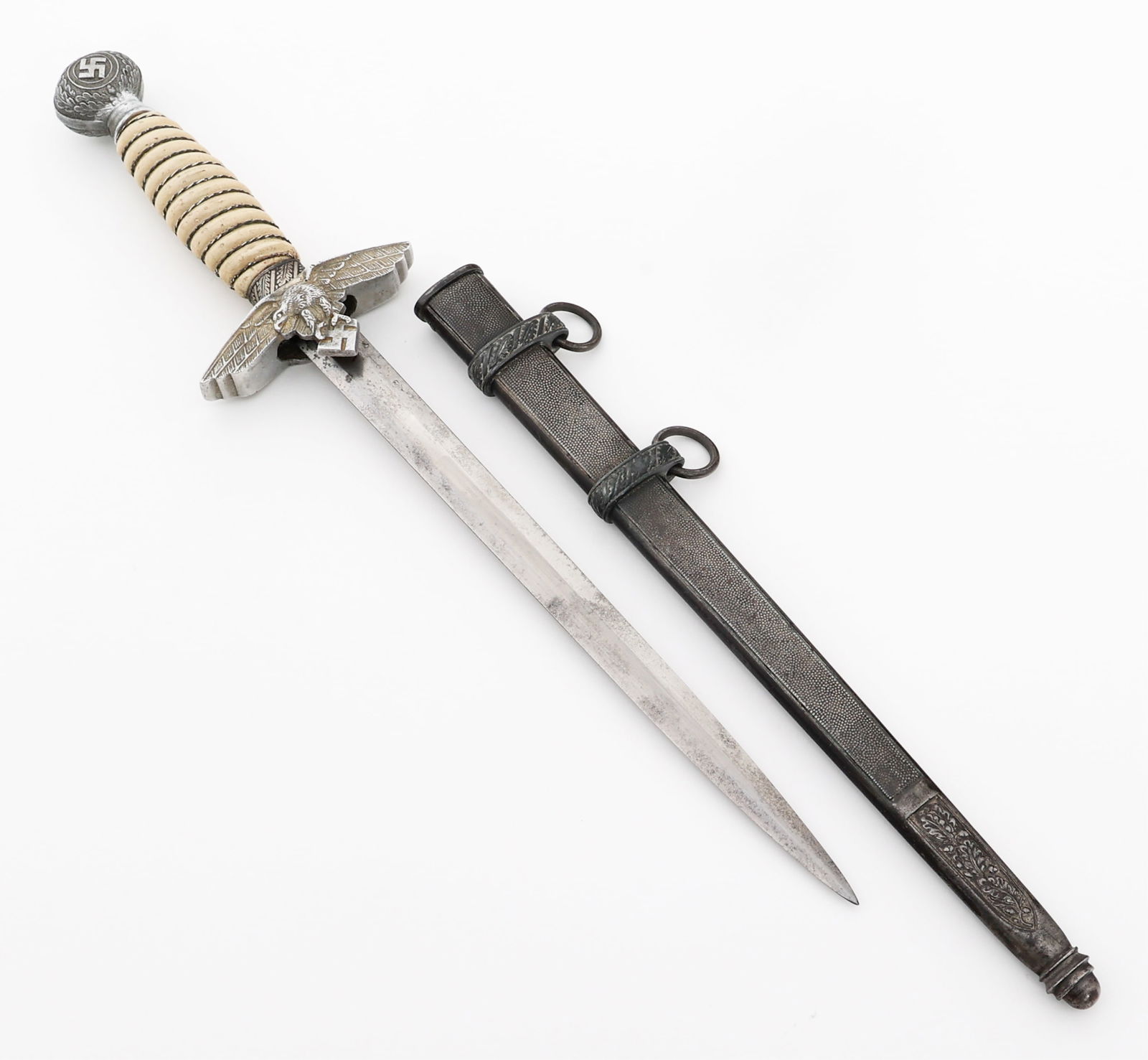 WWII GERMAN LUFTWAFFE 2nd MODEL DAGGER by HORSTER: WWII GERMAN LUFTWAFFE 2nd MODEL DAGGER by HORSTER WWII German Luftwaffe 2nd Model Officer Dress Dagger. Double edged, bright blade. Maker marked by E & F Horster. Leather buffer pad present. Aluminum