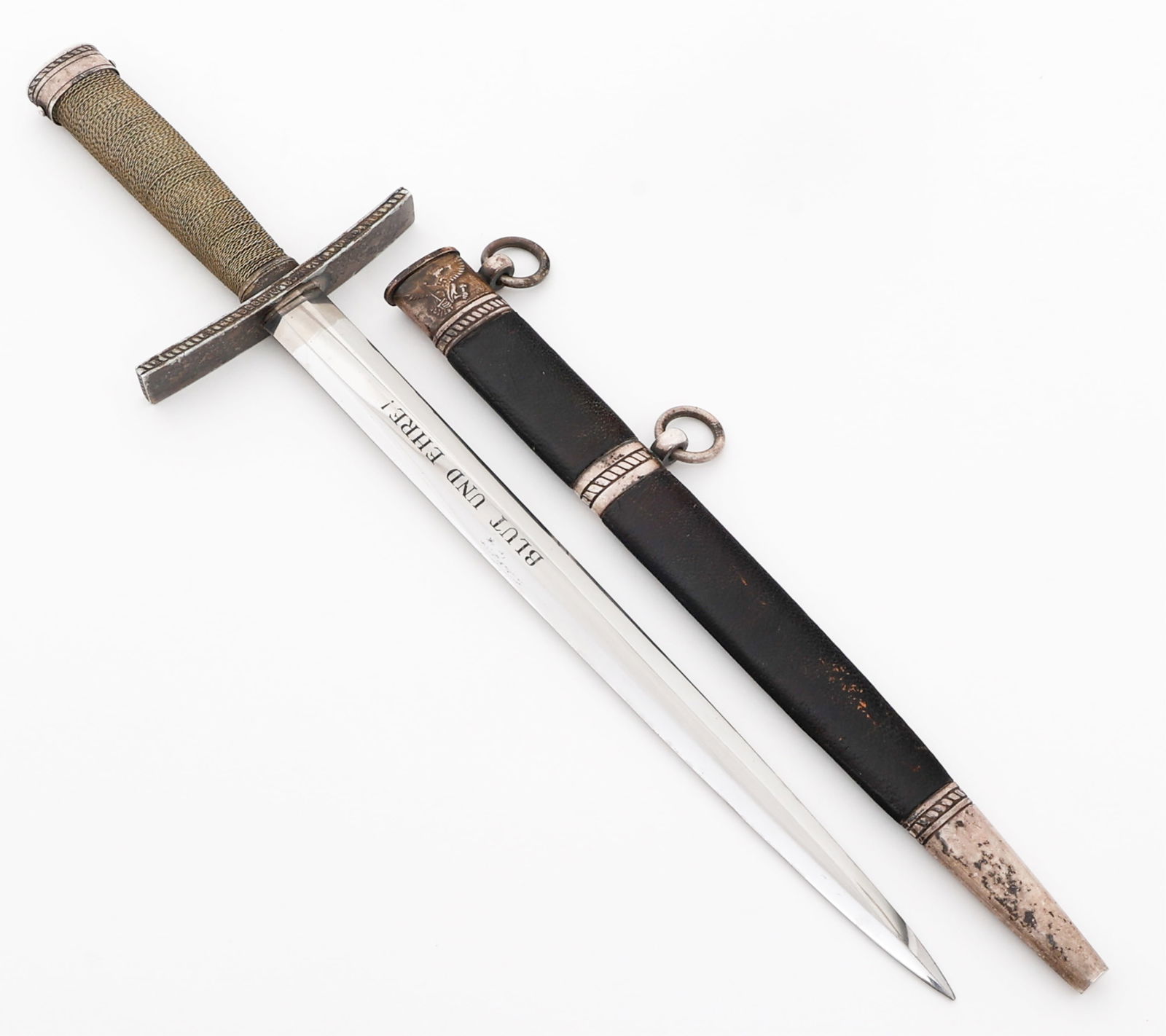 WWII GERMAN M1937 HITLER YOUTH LEADER DAGGER: WWII GERMAN M1937 HITLER YOUTH LEADER DAGGER WWII German M1937 Hitler Youth Leader Dagger. Double edged, bright blade. Acid etched motto "Blut Und Ehre!" on one side of the blade, RZM M7/36 on the rev