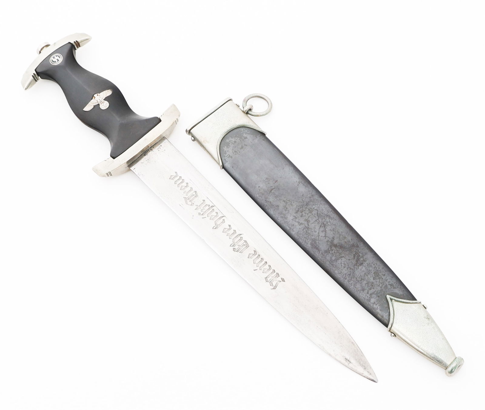 WWII GERMAN MODEL 1936 SS EM DRESS DAGGER: WWII GERMAN MODEL 1936 SS EM DRESS DAGGER WWII German Model 1936 SS Enlisted Man's Dress Dagger. Double edged, straight blade. Acid etched motto "Meine Ehre Hei?t Treue" in light grey background. RZM
