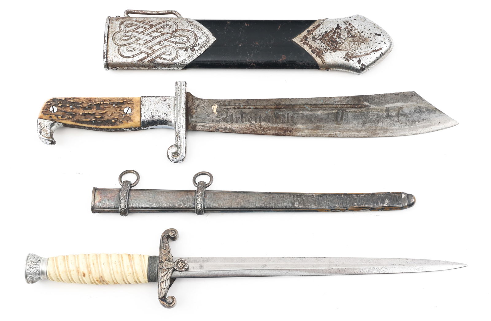 WWII GERMAN RAD EICKHORN & WKC ARMY DAGGERS: WWII GERMAN RAD EICKHORN & WKC ARMY DAGGERS Lot of 2 WWII German Daggers. (1) WWII German Stag Eickhorn RAD EM Dagger. Cutlass, bright blade with fuller, acid etched "Arbeit adelt", maker marked "RADJ