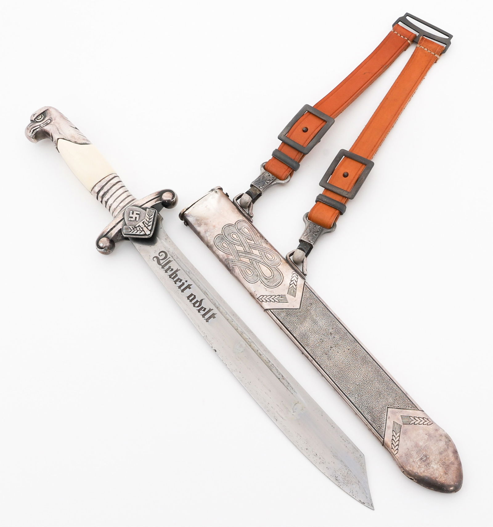 WWII GERMAN RAD OFFICER DRESS DAGGER By EICKHORN: WWII GERMAN RAD OFFICER DRESS DAGGER By EICKHORN WWII German RAD Officer Dress Dagger. Single edged, bright blade with acid etched motto "Arbeit adelt? on one side. Maker marked by Cark Eickhorn on th