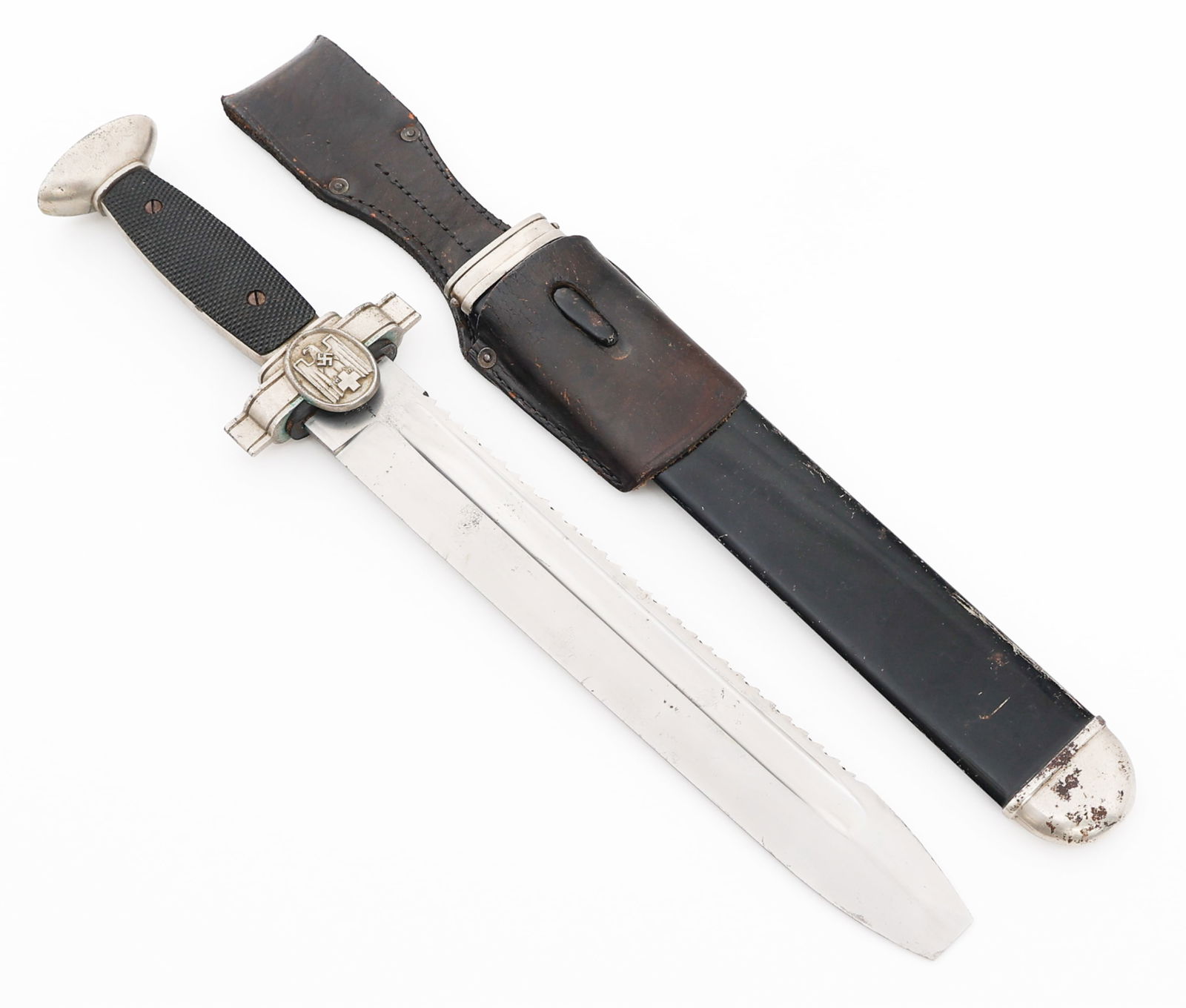 WWII GERMAN RED CROSS ENLISTED HEWER DAGGER: WWII GERMAN RED CROSS ENLISTED HEWER DAGGER WWII German Red Cross Enlisted Man's Hewer Dagger. Single edged, sawback blade with fuller. Leather buffer pad present. Nickel-silver plated hilt. Black bak