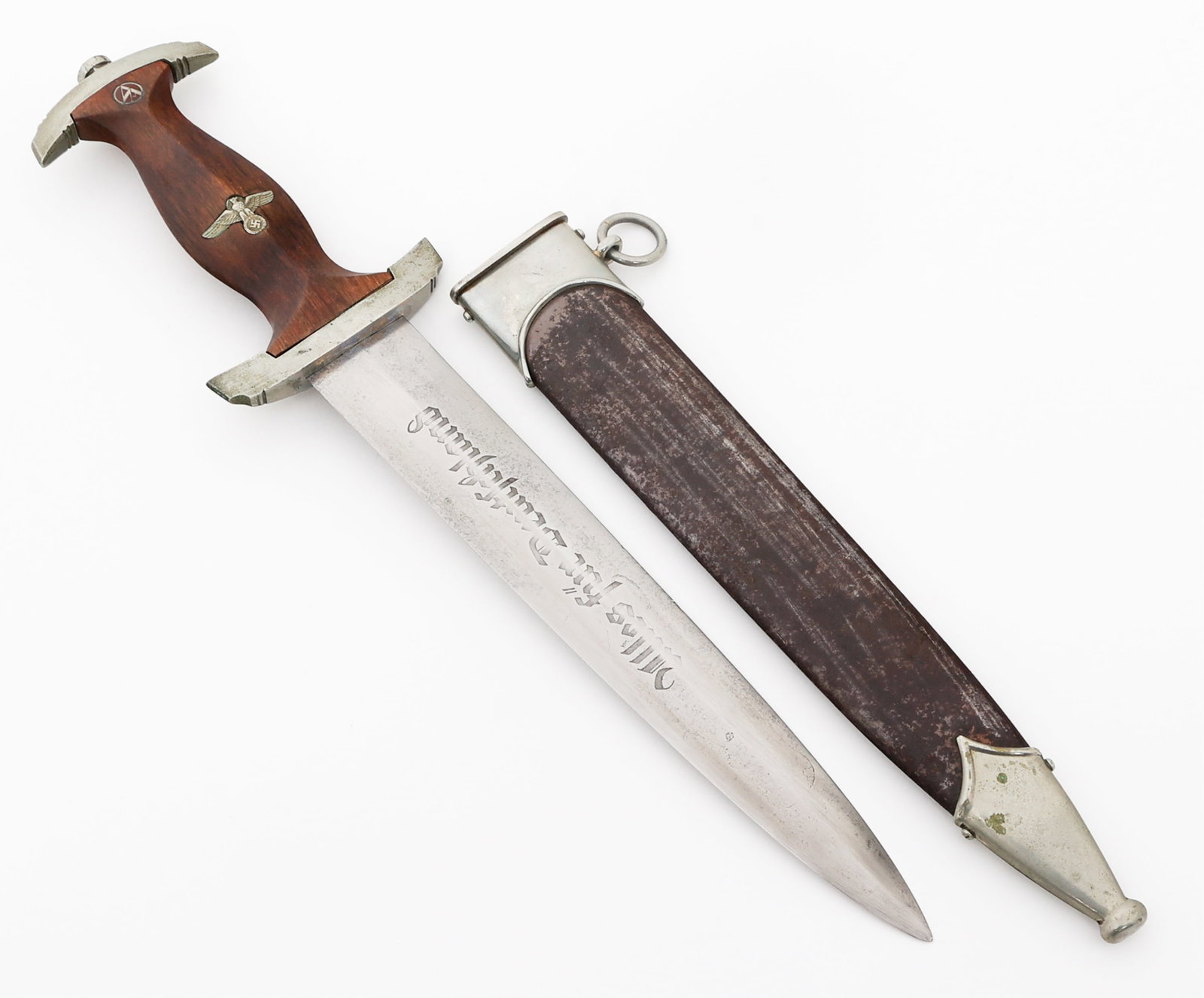 WWII GERMAN SA DRESS DAGGER by ERNST PACK & SOHNE: WWII GERMAN SA DRESS DAGGER by ERNST PACK & SOHNE WWII German SA Dress Dagger. Double edged, bright blade with acid etched motto "Alles Fur Deutschland" in light grey background. No visible crossgrain