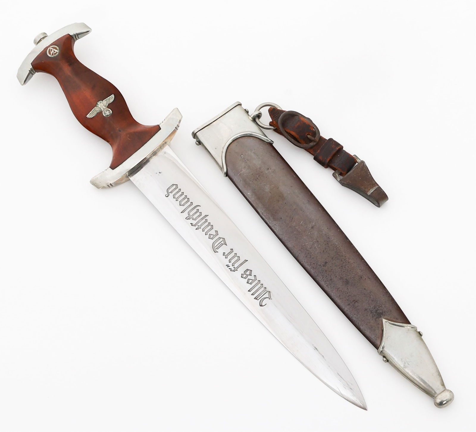 WWII GERMAN SA DRESS DAGGER by MARSCH & AMBRONN: WWII GERMAN SA DRESS DAGGER by MARSCH & AMBRONN WWII German SA Dress Dagger. Double edged, bright blade with acid etched motto "Alles Fur Deutschland" in dark grey background. Visible crossgrain. Make