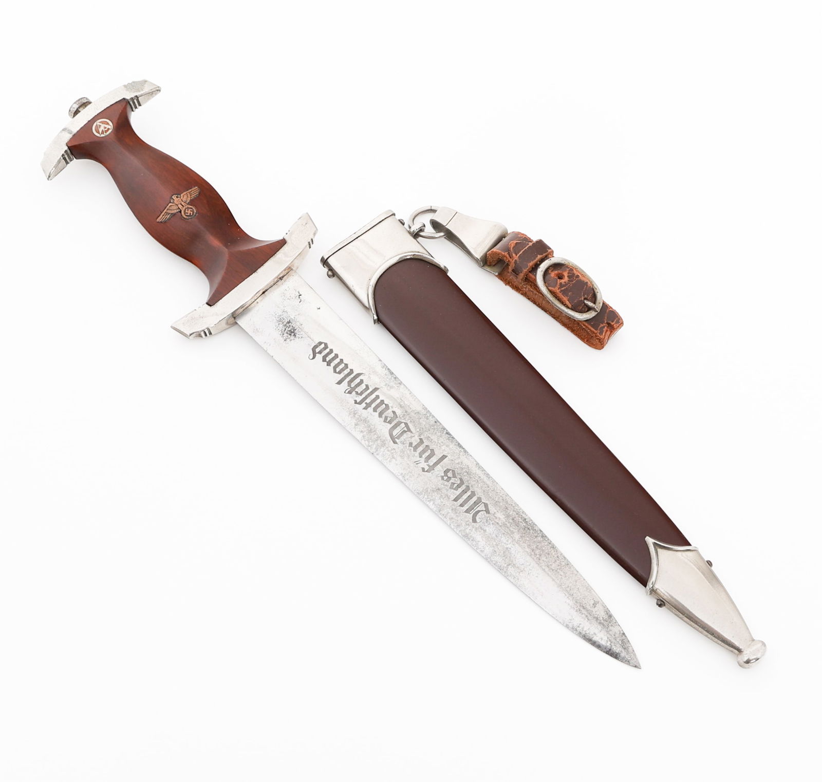 WWII GERMAN SA DRESS DAGGER by RZM M7/66: WWII GERMAN SA DRESS DAGGER by RZM M7/66 WWII German SA Dress Dagger. Double edged, bright blade with acid etched motto "Alles Fur Deutschland" in light grey background. Visible crossgrain. Maker mark
