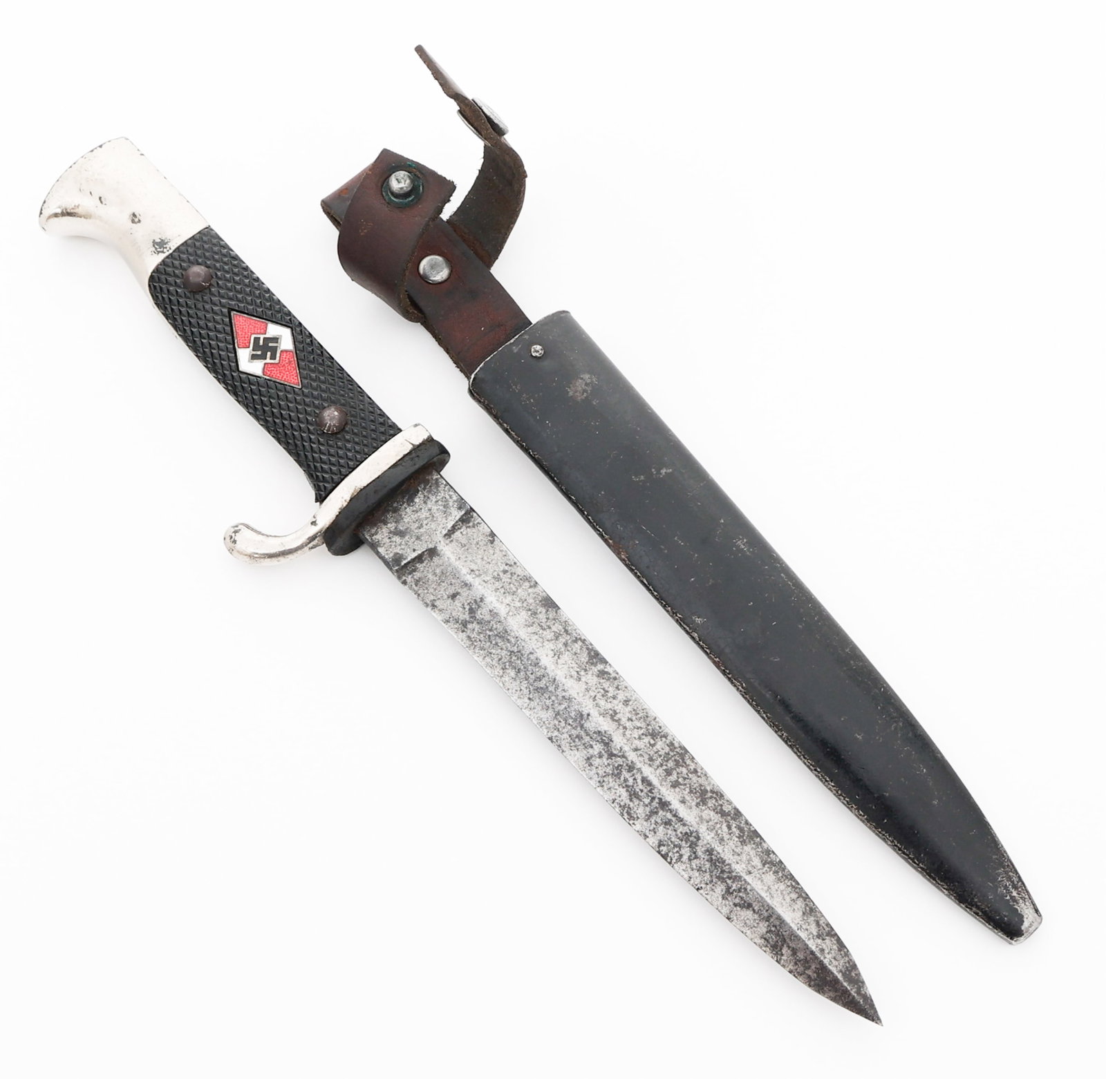 WWII GERMAN HITLER YOUTH KNIFE WITH MODIFIED BLADE: WWII GERMAN HITLER YOUTH KNIFE WITH MODIFIED BLADE WWII German Hitler Youth Knife with Modified Blade. Double edged blade with "ALN" stamped on the ricasso. Leather buffer pad present. Nickel-silver h