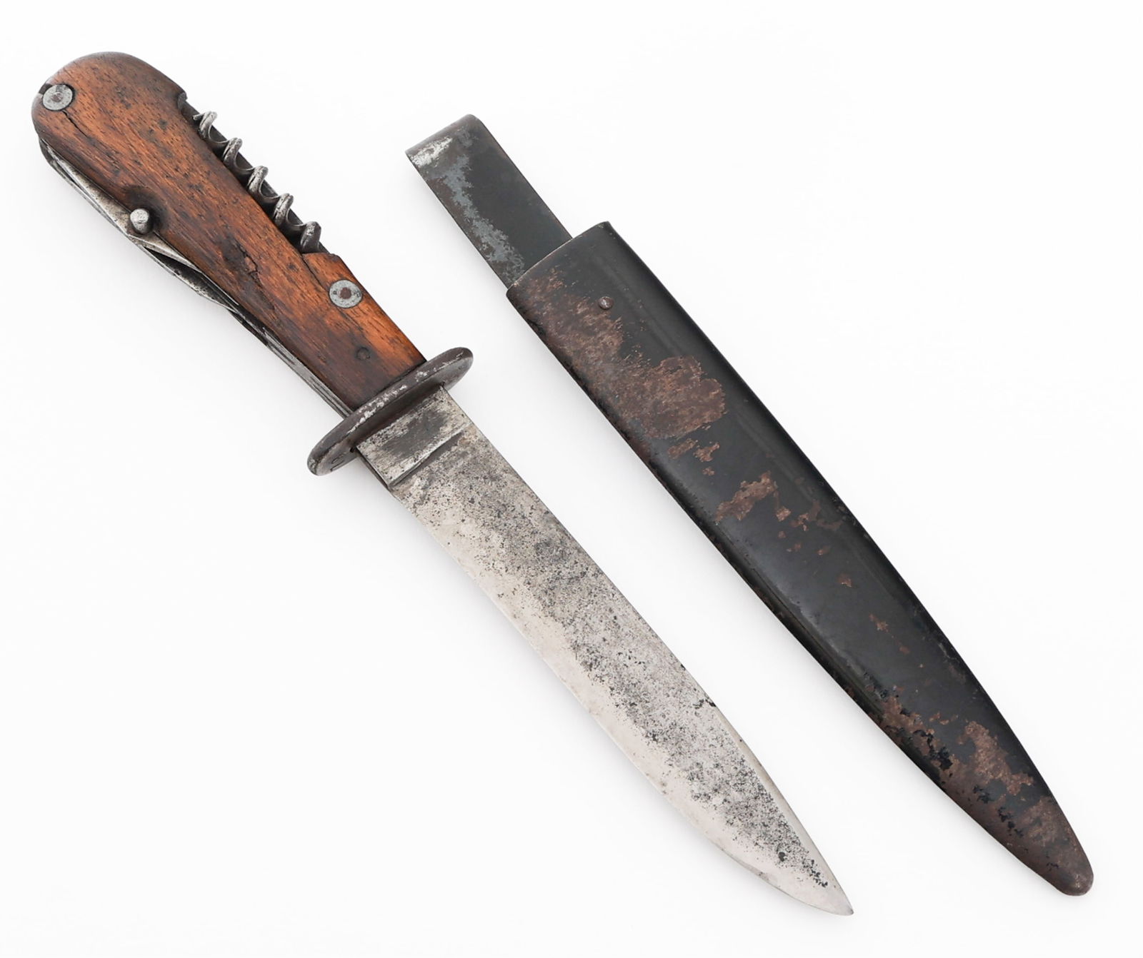 WWII GERMAN TRENCH MULTI TOOL UTILITY KNIFE: WWII GERMAN TRENCH MULTI TOOL UTILITY KNIFE WWII German Trench Multi Tool Utility Knife. Single edged blade with maker mark of Puma stamped on the ricasso. Steel crossguard. Four component multi-tool