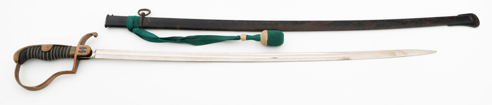 WWII GERMAN MODEL 1890 NCO SWORD: WWII GERMAN MODEL 1890 NCO SWORD WWII German M1890 NCO Sword. Single edged, slightly curved bright blade. No visible maker marks or stamps. Felt buffer pad present. Brass hilt with post war applied SS