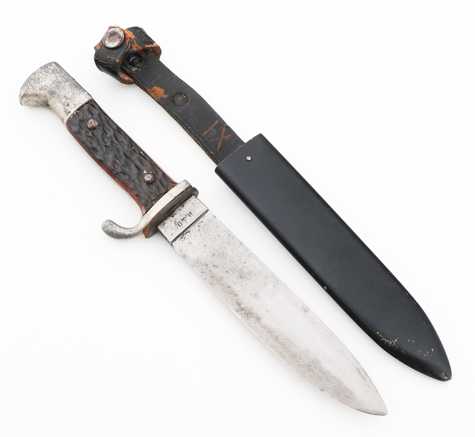 POST WWII GERMAN STAG HORN BOY SCOUT KNIFE: POST WWII GERMAN STAG HORN BOY SCOUT KNIFE Post WWII German Stag Horn Boy Scout Knife. Single edged, bright blade with "Solingen" and "B. & D." stamped on the ricasso. Leather buffer pad present. Nick