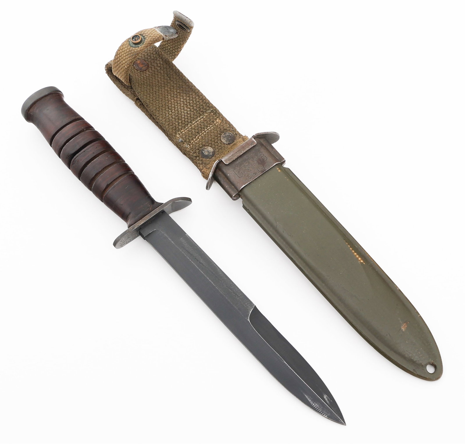 WWII US ARMY M3 FIGHTING KNIFE by PAL: WWII US ARMY M3 FIGHTING KNIFE by PAL WWII US Army M3 Fighting Knife. Single edged, blued blade. Blued steel hilt with stacked leather handle. "US M3 PAL" stamped on the crossguard and Ordnance Depart
