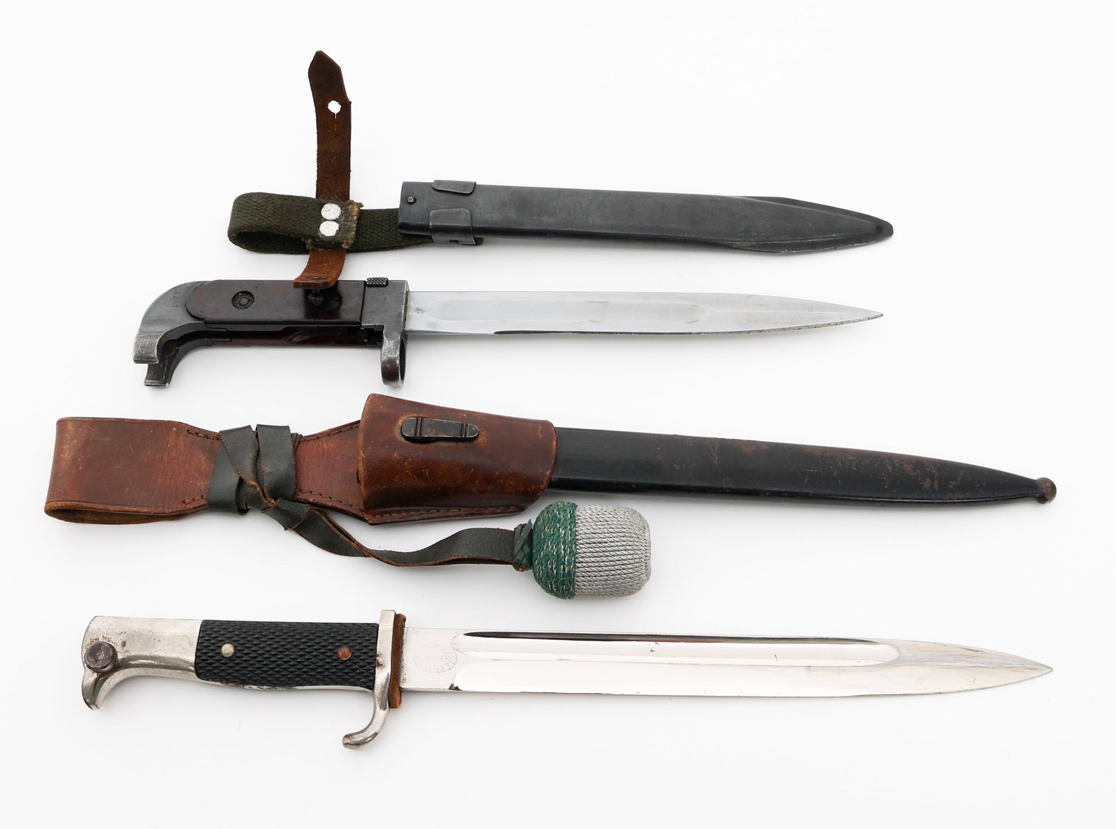 WWII - COLD WAR GERMAN K98 & SOVIET AK47 BAYONETS: WWII - COLD WAR GERMAN K98 & SOVIET AK47 BAYONETS WWII - Cold War German K98 Dress Bayonet & Soviet AK47 Bayonet. (1) K98 Dress Bayonet. Single edged, straight, bright blade with fuller. Maker marked 
