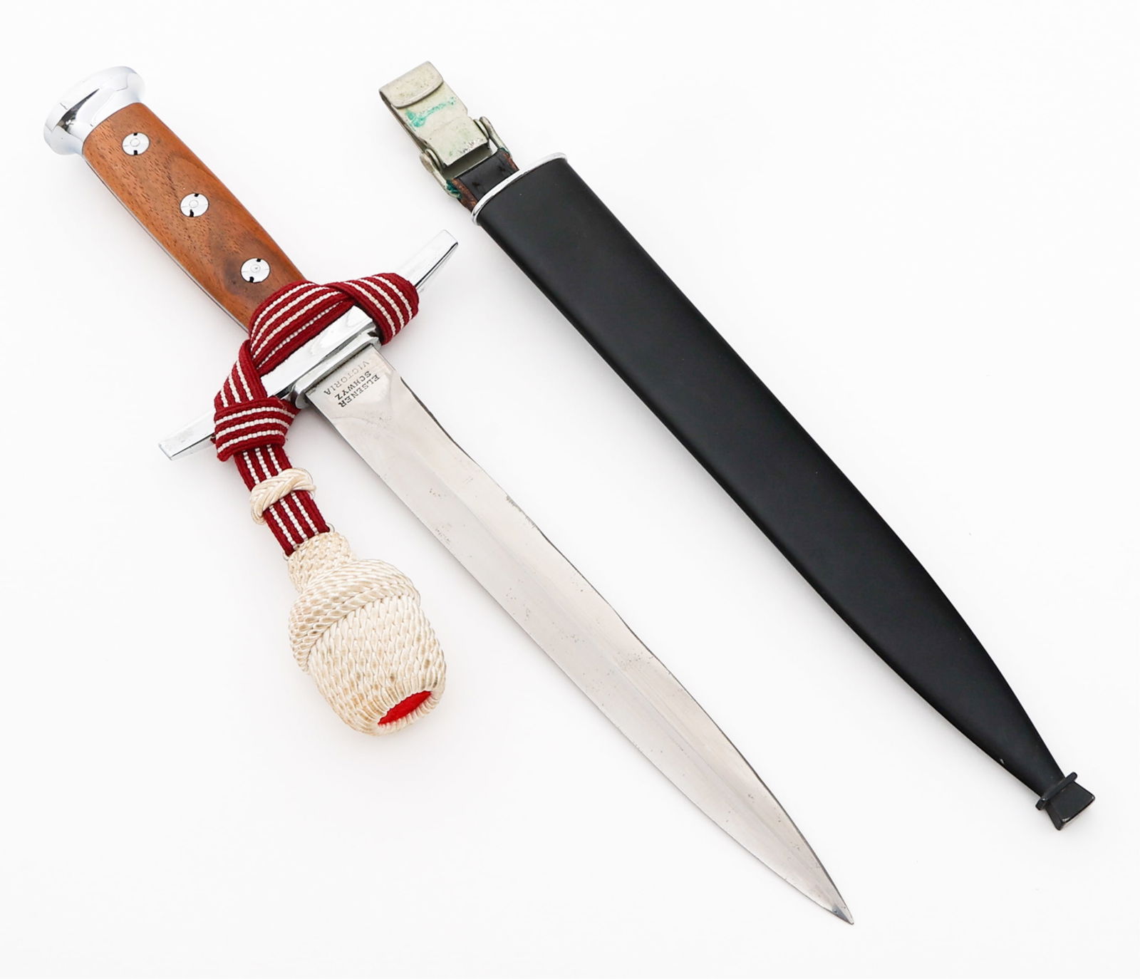 SWISS M1943 ARMY OFFICER DRESS DAGGER by SCHWYZ: SWISS M1943 ARMY OFFICER DRESS DAGGER by SCHWYZ Swiss M1943 Army Officer Dress Dagger. Double edged, bright blade. Maker marked by Elsener Schwyz Victoria on one side of the ricasso and serial number