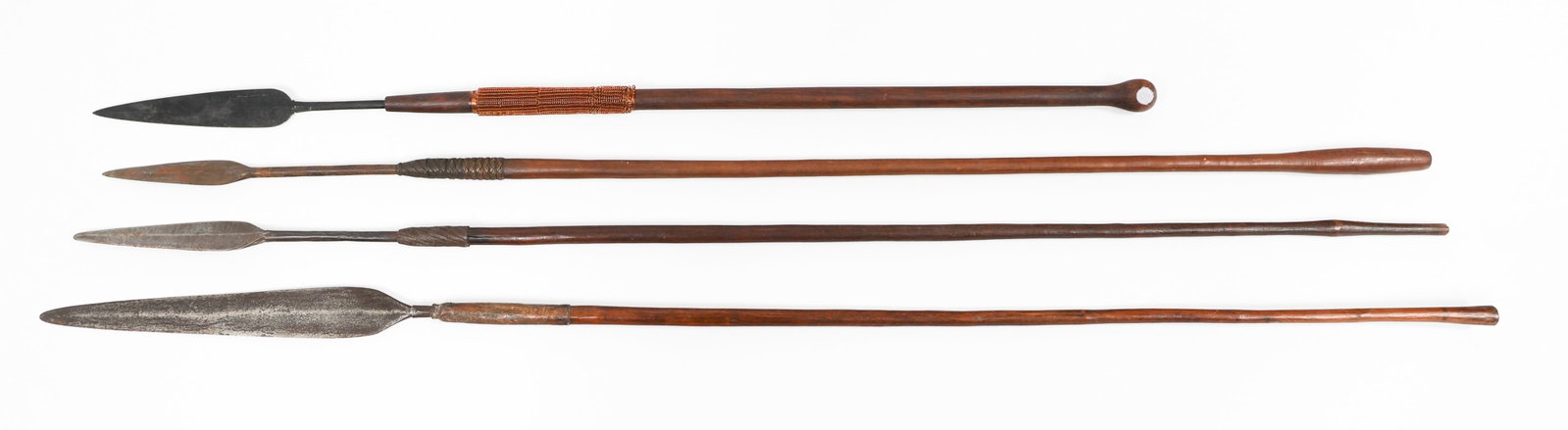 AFRICAN TRIBAL SPEARS: AFRICAN TRIBAL SPEARS African Tribal Spears. Steel blades and wooden shafts. Blade Length: 5 1/2" to 13 1/2" Total Length: 40" to 53"