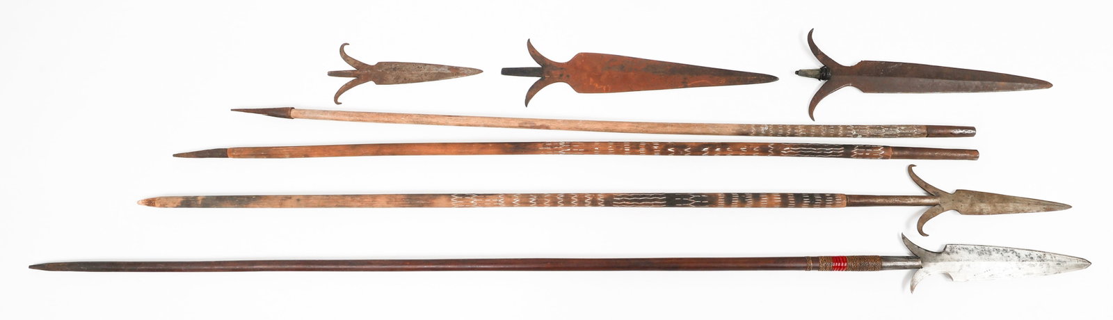 AFRICAN TRIBAL SPEARS: AFRICAN TRIBAL SPEARS African Tribal Spears. Steel blades and wooden shafts. Blade Length: 11 1/2" to 20" Total Length: 11 1/2" to 72 1/4"
