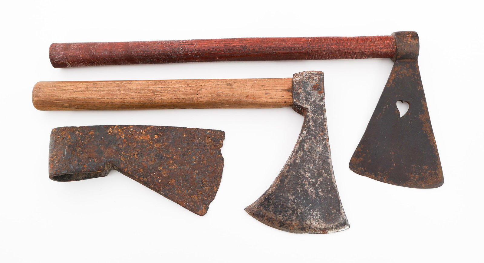EUROPEAN AXE HEAD & TOMAHAWKS: EUROPEAN AXE HEAD & TOMAHAWKS European Axe Head and Tomahawks. (1) European Iron Axe Head. Stamp present on both side, but illegible. (2) Tomahawks with Iron heads and wooden handles. Blade Length: 4"