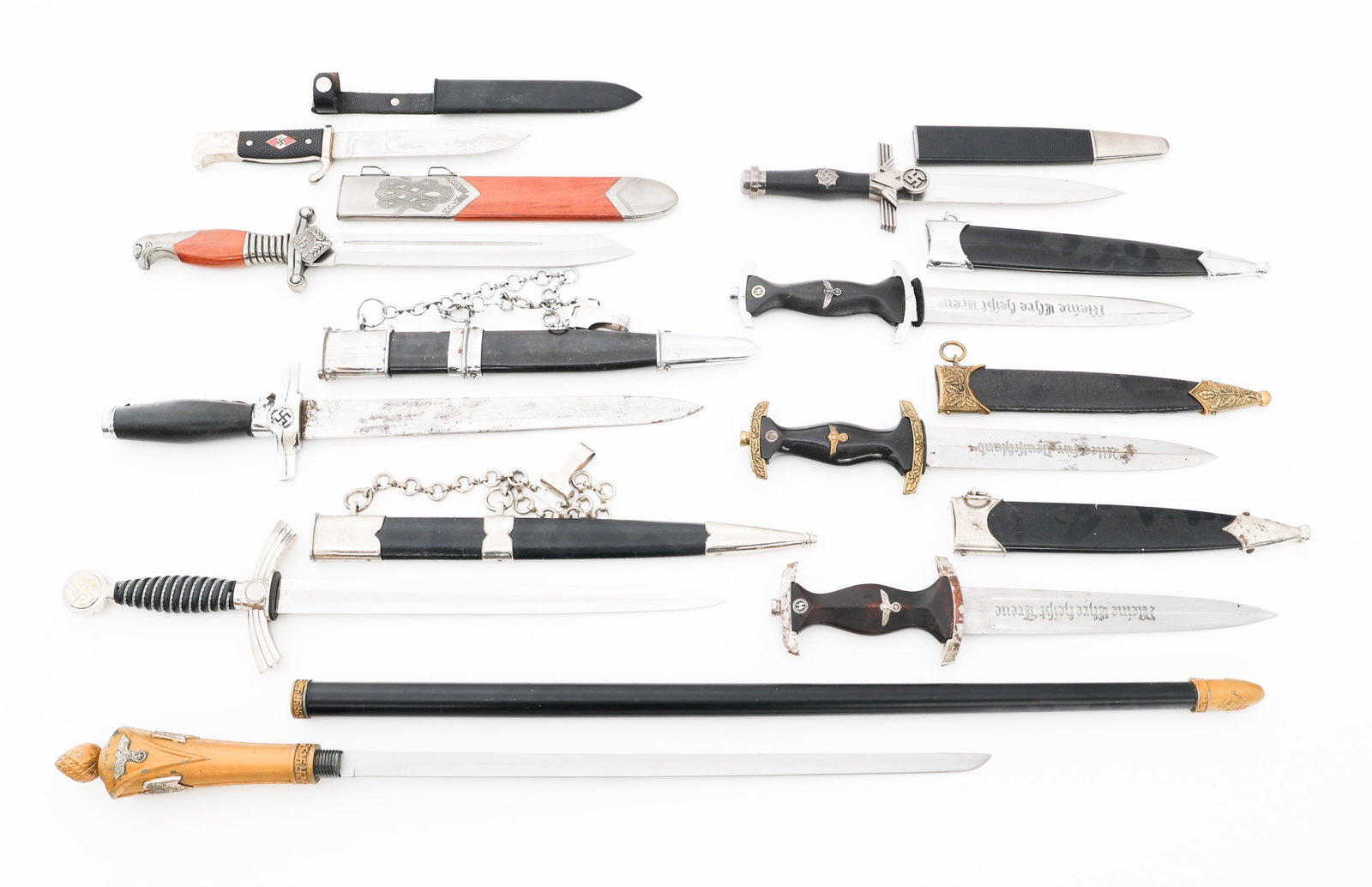 MODERN COPIES OF WWII GERMAN DAGGERS: MODERN COPIES OF WWII GERMAN DAGGERS Modern Copies of WWII German Daggers. Includes SS, Luftwaffe, RAD, Hitler Youth, and more. Blade Length: 6" to 16" Total Length: 10 1/2" to 23 1/2"
