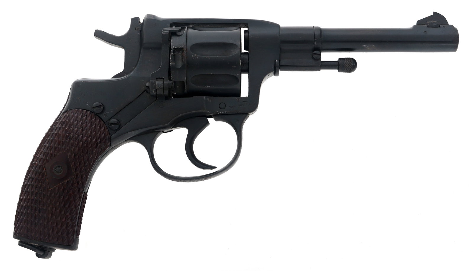 RUSSIAN IZHEVSK MODEL 1895 7.62x38mmR CAL REVOLVER: RUSSIAN IZHEVSK MODEL 1895 7.62x38mmR CAL REVOLVER 1944 Russian Izhevsk Model 1895 7.62x38mmR caliber DA Nagant revolver. RGuns import mark. Left side of frame stamped Izhevsk Arsenal / 1944. Seven-sh