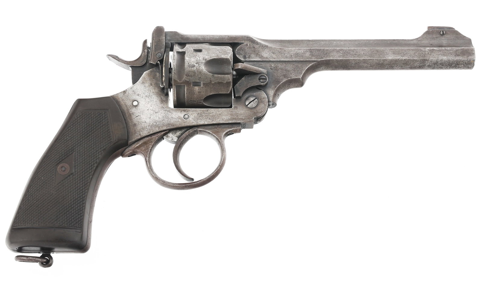 1916 WWI WEBLEY MARK VI .45 TOP BREAK DA REVOLVER: 1916 WWI WEBLEY MARK VI .45 TOP BREAK DA REVOLVER 1916 WWI Webley Mark VI .45 ACP caliber top break double-action revolver. Left frame marked "Webley / Mark VI / Patents / 1916." British proof marks t