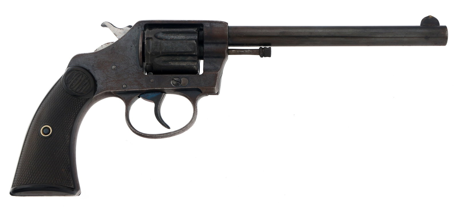 1905 COLT MODEL NEW POLICE .32 CALIBER DA REVOLVER: 1905 COLT MODEL NEW POLICE .32 CALIBER DA REVOLVER 1905 Colt Model New Police .32 caliber DA revolver. Left side of barrel stamped Colt New Police .32. Six-shot fluted cylinder. Checkered hard rubber 
