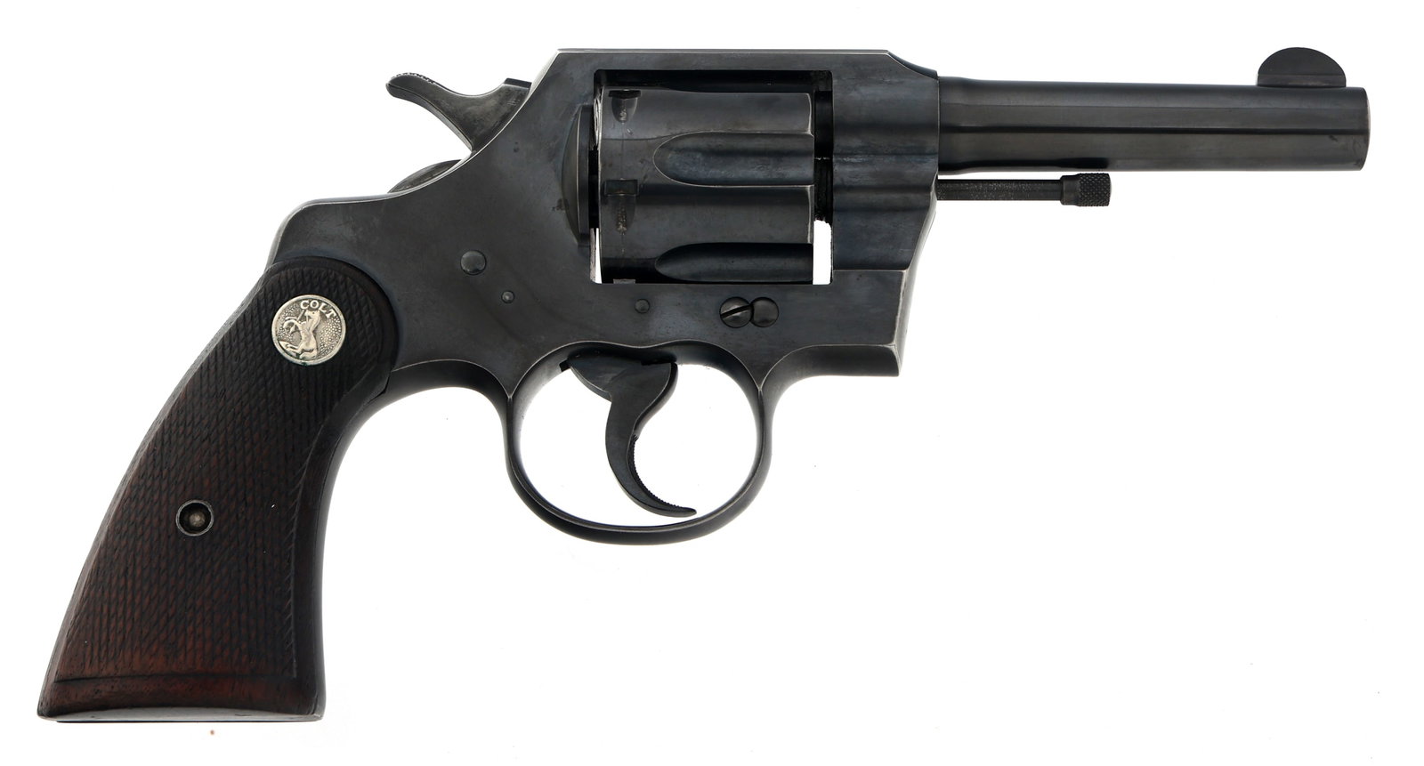 1944 COLT OFFICIAL POLICE MODEL .38 CAL REVOLVER: 1944 COLT OFFICIAL POLICE MODEL .38 CAL REVOLVER 1944 Colt Official Police Model .38 Special caliber DA revolver. Six-shot fluted barrel. Checkered wood grips with Colt medallions. Fixed sights. Blued