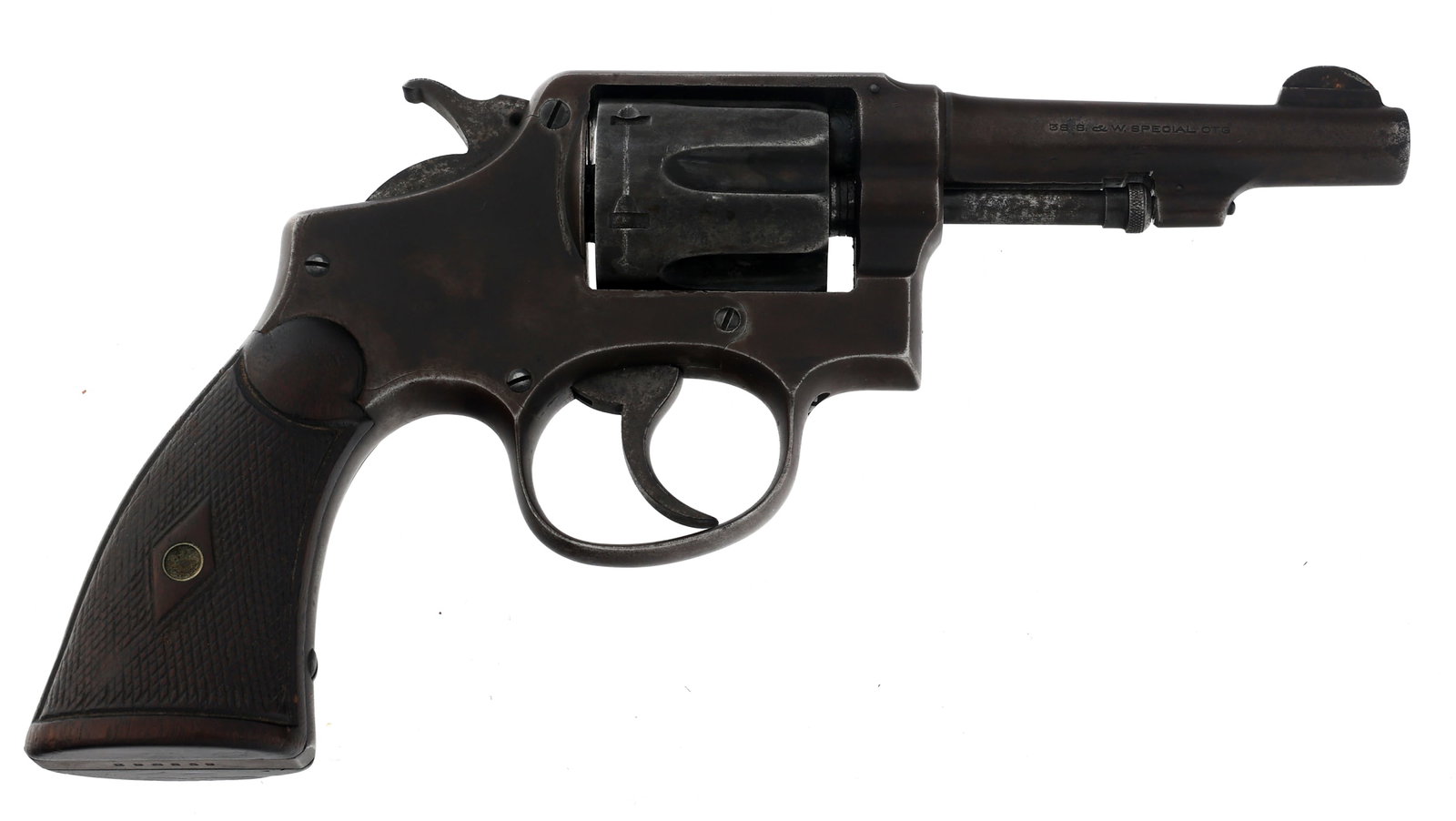 SMITH & WESSON MODEL OF 1905 4th CHANGE REVOLVER: SMITH & WESSON MODEL OF 1905 4th CHANGE REVOLVER Smith & Wesson Model of 1905, 4th Change, .38 S&W Special caliber DA revolver. Fixed sights. Six-shot fluted barrel. Serial numbers match on frame, bar