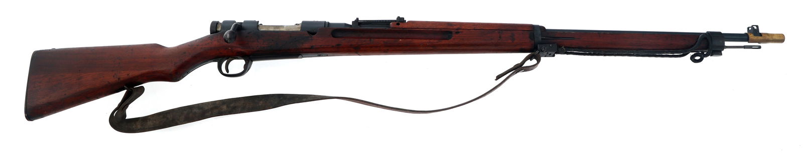 WWII JAPANESE NAGOYA TYPE 97 ARISAKA SNIPER RIFLE: WWII JAPANESE NAGOYA TYPE 97 ARISAKA SNIPER RIFLE WWII Japanese Nagoya Type 97 6.5x50mm caliber bolt action Arisaka sniper rifle. Protected blade front sight. Adjustable rear sight. Ground mum. Top of