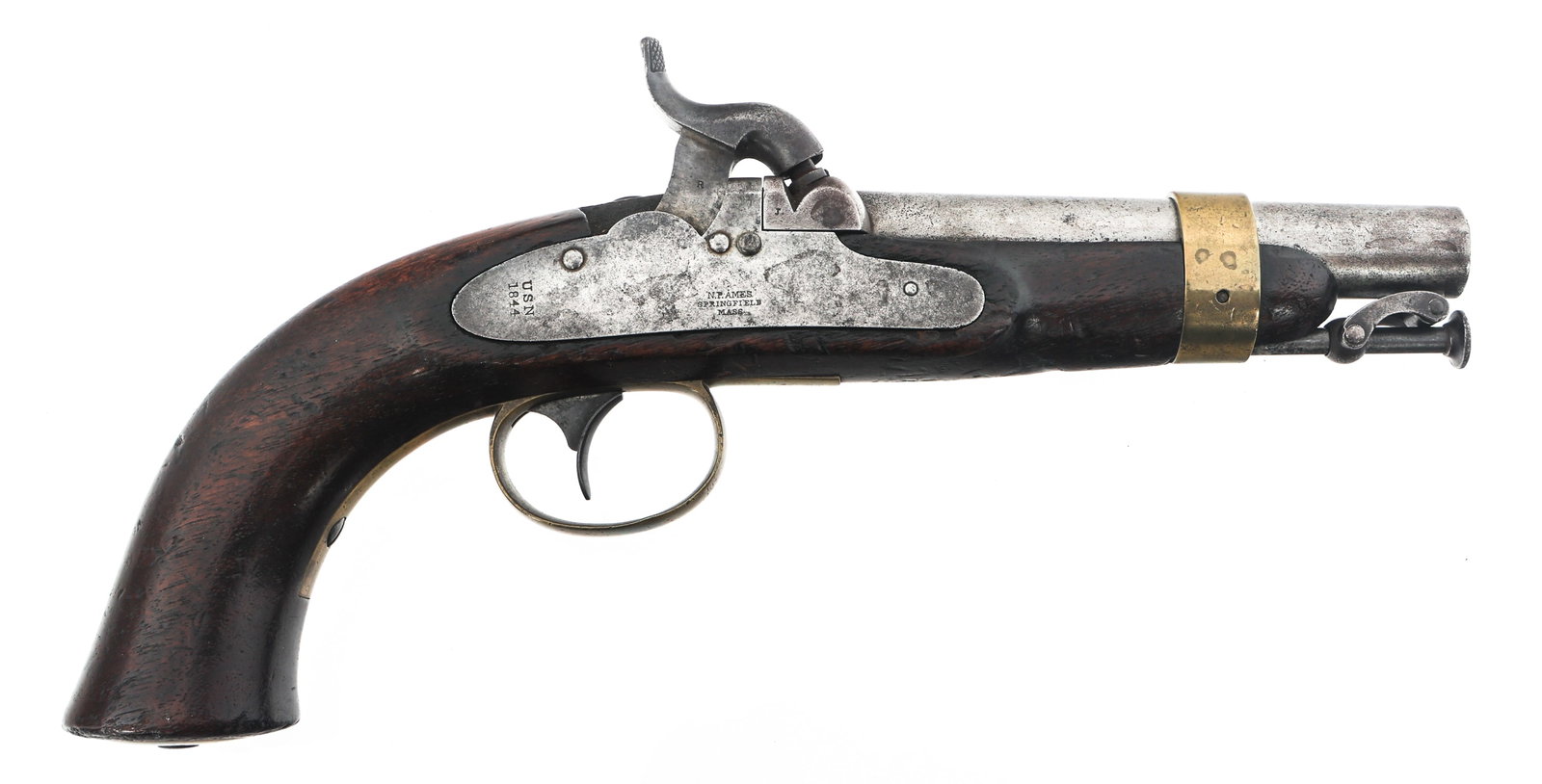 1844 N.P. AMES 1842 .54 CAL NAVY PERCUSSION PISTOL: 1844 N.P. AMES 1842 .54 CAL NAVY PERCUSSION PISTOL 1844 N.P. Ames Model 1842 .54 caliber Navy percussion pistol. Side plate stamped "N.P. Ames Springfield Mass." and "USN 1844". Barrel stamped USN 184