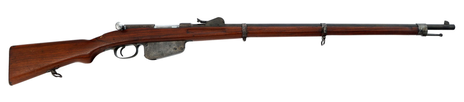 STEYR MANNLICHER MODEL 1886 11mm CALIBER RIFLE: STEYR MANNLICHER MODEL 1886 11mm CALIBER RIFLE Steyr Mannlicher Model 1886 11x58mmR caliber bolt action rifle. Blued finish. Receiver stamped OE / WG. WJW stamped under rear sight. Adjustable rear sig