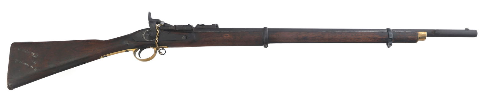 1869 BARNETT Mk I .577 CAL SNIDER-ENFIELD RIFLE: 1869 BARNETT Mk I .577 CAL SNIDER-ENFIELD RIFLE 1869 Barnett Mk I .577 caliber breech loading Snider-Enfield rifle. Side plate stamped crown / V.R. / 1869 and Barnett / London. Wood stock. 649 on top