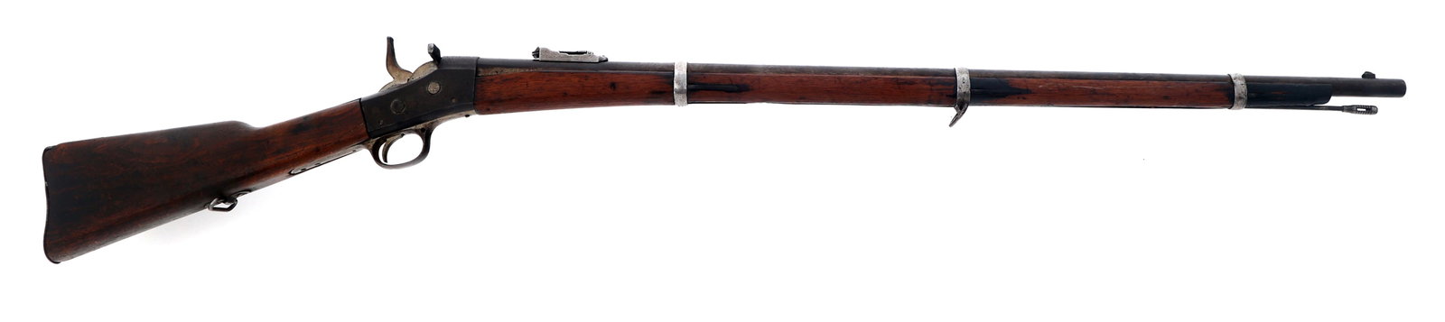 REMINGTON MODEL No 1 50-70 CAL ROLLING BLOCK RIFLE: REMINGTON MODEL No 1 50-70 CAL ROLLING BLOCK RIFLE Remington Model No 1 .50-70 caliber rolling block rifle. Frame and barrel stamped S on left side. Middle barrel band stamped KM. Wood stock and foren