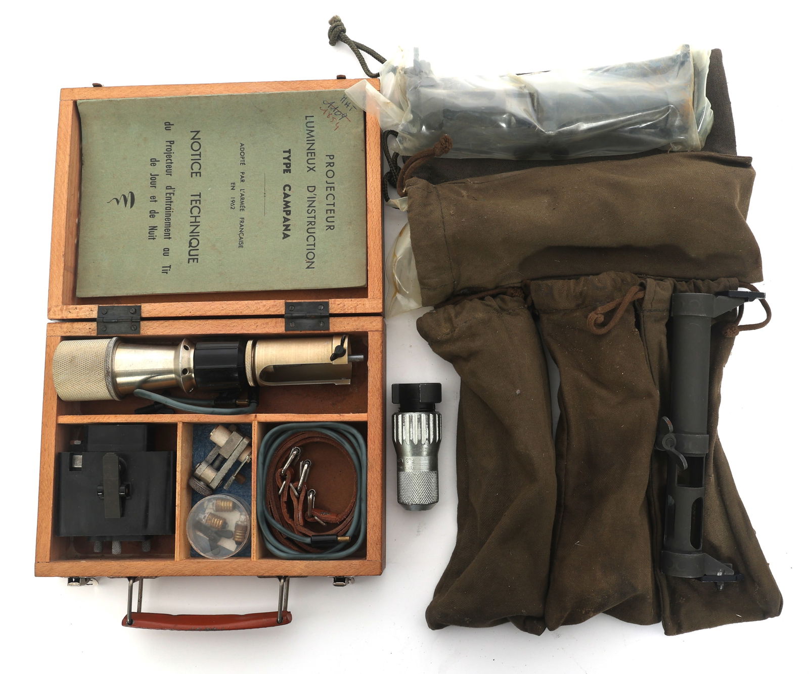 FRENCH MAS SIGHTING ACCESSORIES: FRENCH MAS SIGHTING ACCESSORIES French MAS sighting accessories. (5) French MAS 49/56 Night Sight Attachments with pouches. (1) French CAMPANA MAS 36 49 49/56 Aiming Device in wood box with manual. (1