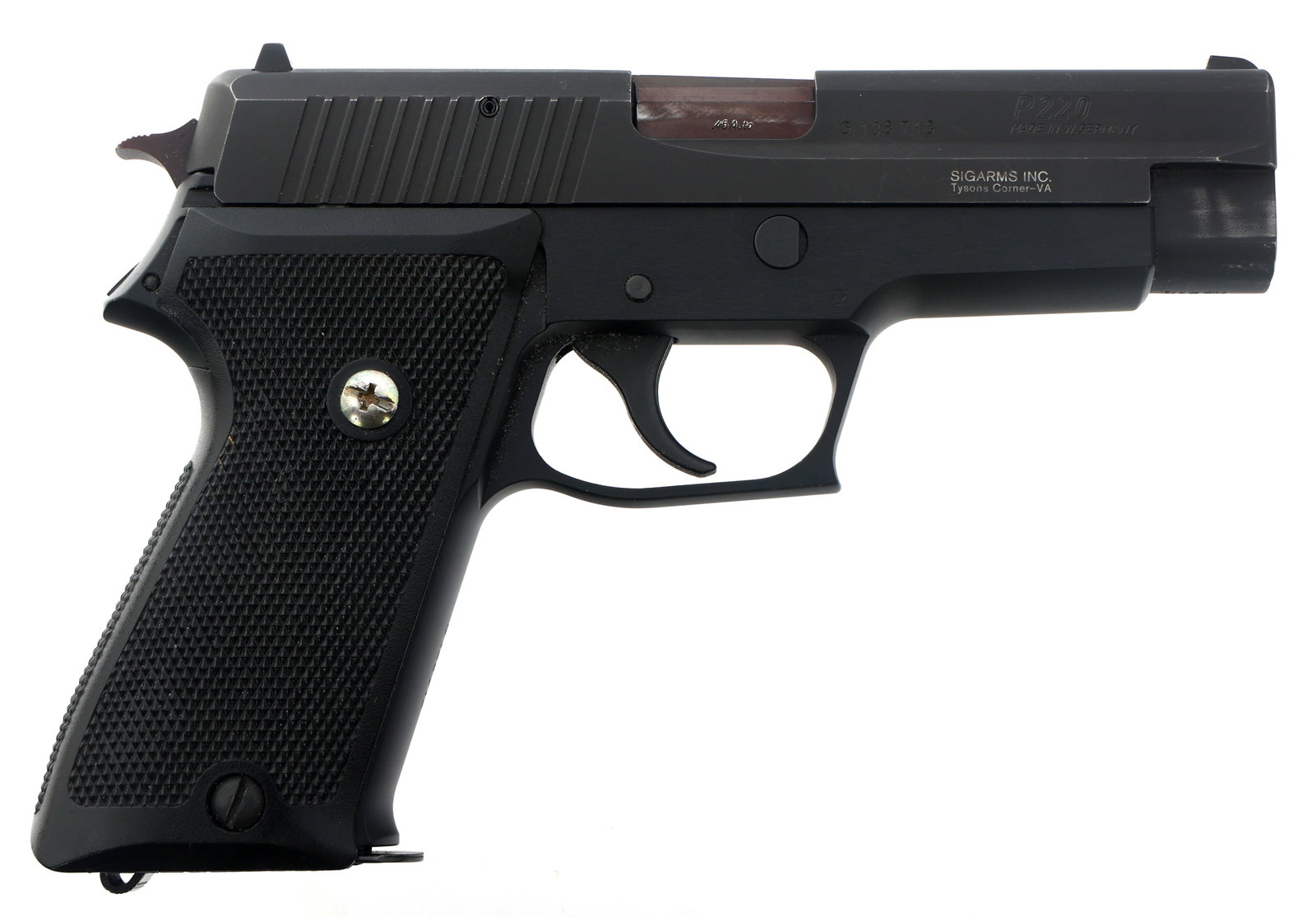 SIG SAUER MODEL P220 .45 ACP CALIBER PISTOL: SIG SAUER MODEL P220 .45 ACP CALIBER PISTOL Sig Sauer Model P220 .45 ACP caliber semi automatic pistol. JG date code. Fixed sights. Checkered composite grips. Two magazines. Sigarms hard case with man