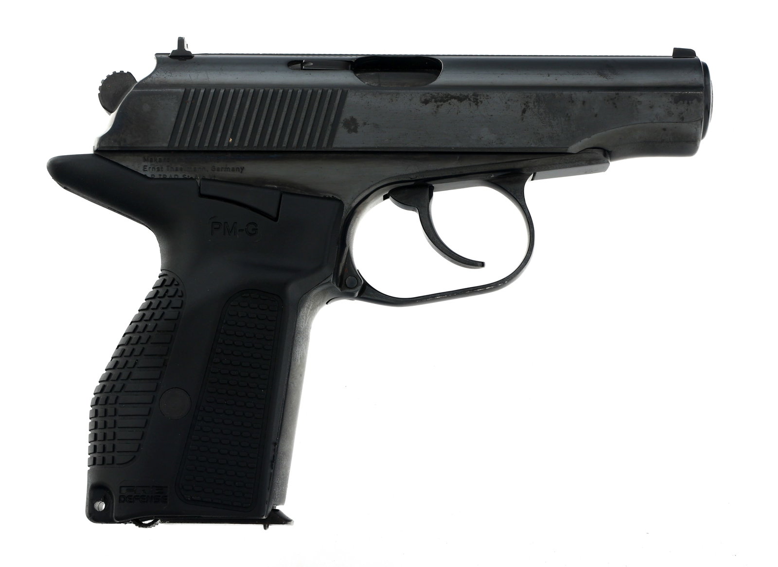 EAST GERMAN MODEL PM 9x18mm CALIBER MAKAROV PISTOL: EAST GERMAN MODEL PM 9x18mm CALIBER MAKAROV PISTOL 1960 East German Ernst Thaelmann Model PM 9x18 caliber semi automatic Makarov pistol. No visible import mark. Blued finish. Fixed sights. FAB Defense