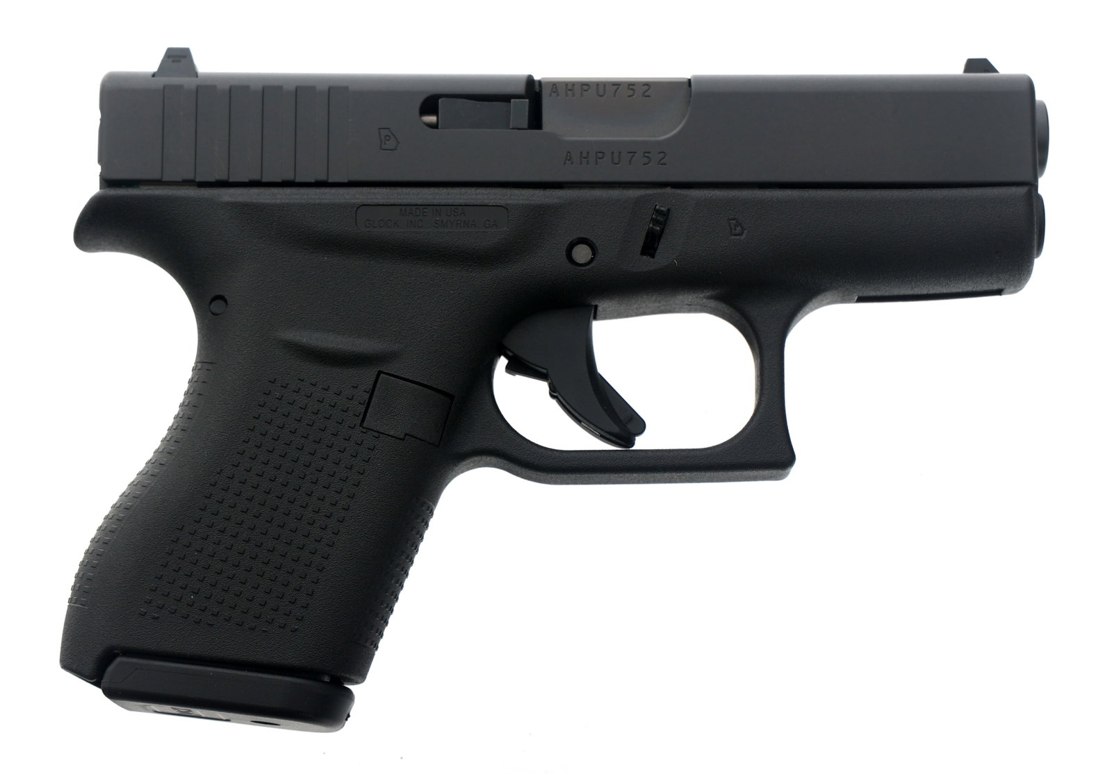 GLOCK MODEL 42 .380 AUTO CALIBER SEMI AUTO PISTOL: GLOCK MODEL 42 .380 AUTO CALIBER SEMI AUTO PISTOL Glock Model 42 .380 Auto caliber semi-automatic pistol. Fixed sights. Textured grips. Two magazines. Black hard plastic case with lock and literature.