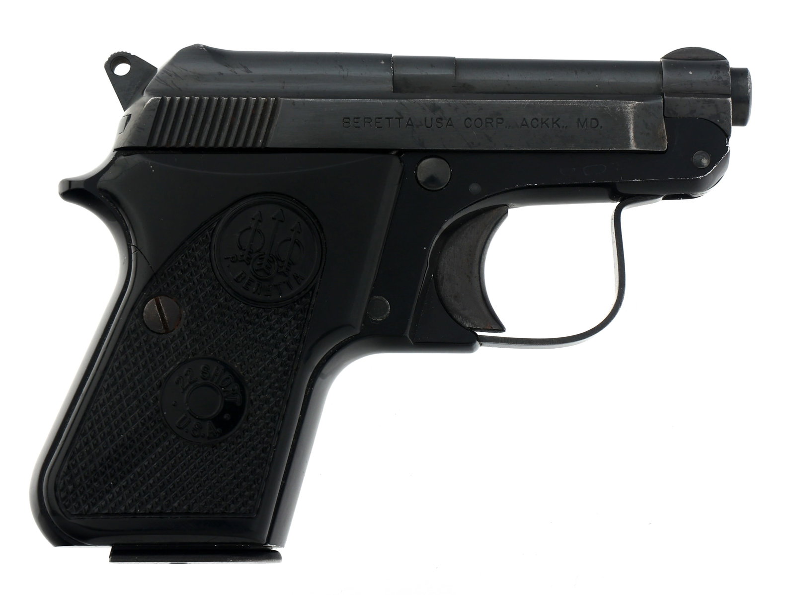 BERETTA MODEL 950 BS .22 SHORT CALIBER PISTOL: BERETTA MODEL 950 BS .22 SHORT CALIBER PISTOL Beretta Model 950 BS .22 short caliber semi automatic pistol. Blued finish. Fixed sights. Checkered composite grips with Beretta logo. One magazine. Calib