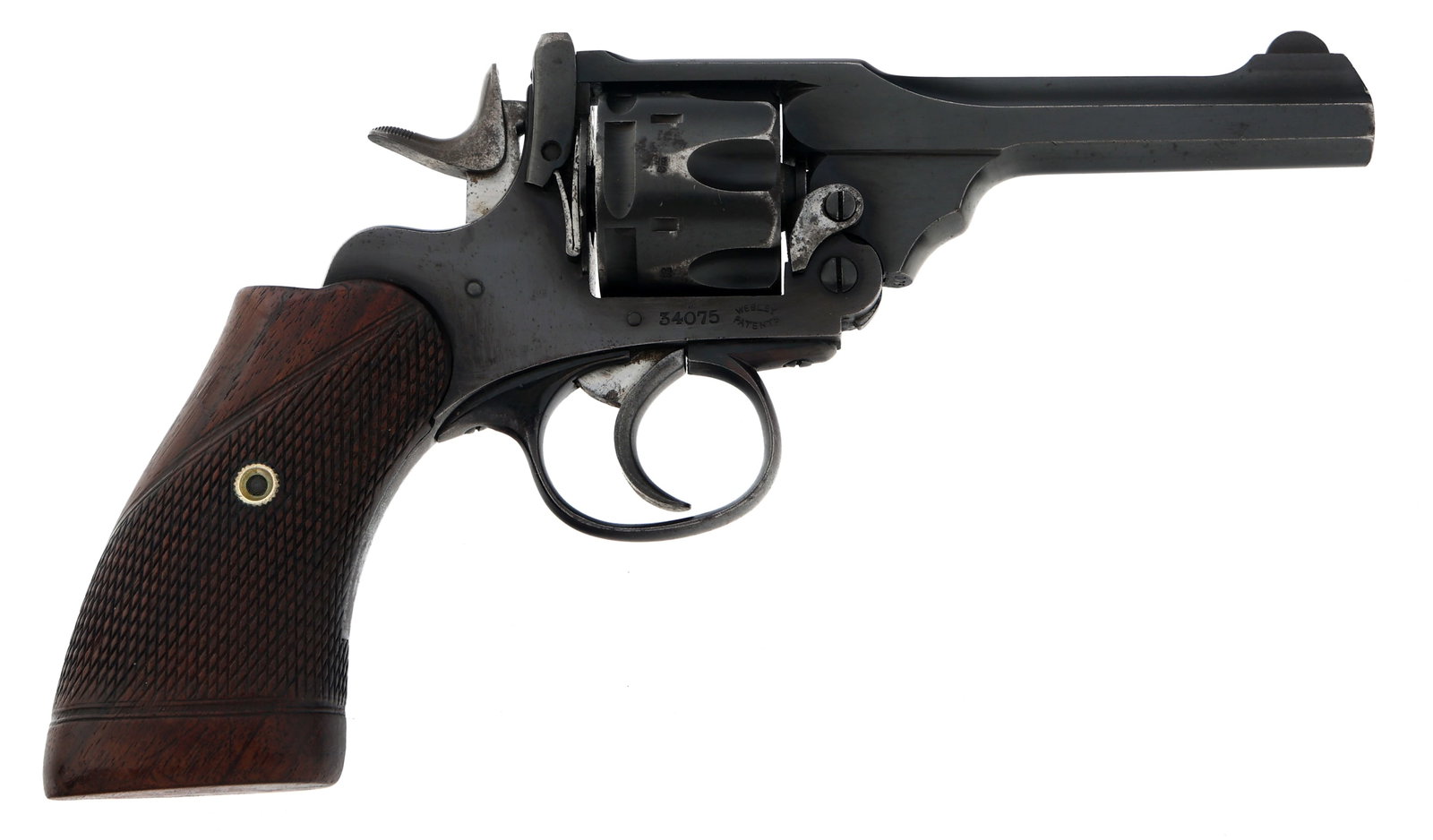 WEBLEY & SCOTT MODEL Mk III 38 CALIBER DA REVOLVER: WEBLEY & SCOTT MODEL Mk III 38 CALIBER DA REVOLVER Webley & Scott Model Mk III .38 caliber DA revolver. Serial numbers match on frame, grip frame, grips, and cylinder. Left top strap stamped mark "III