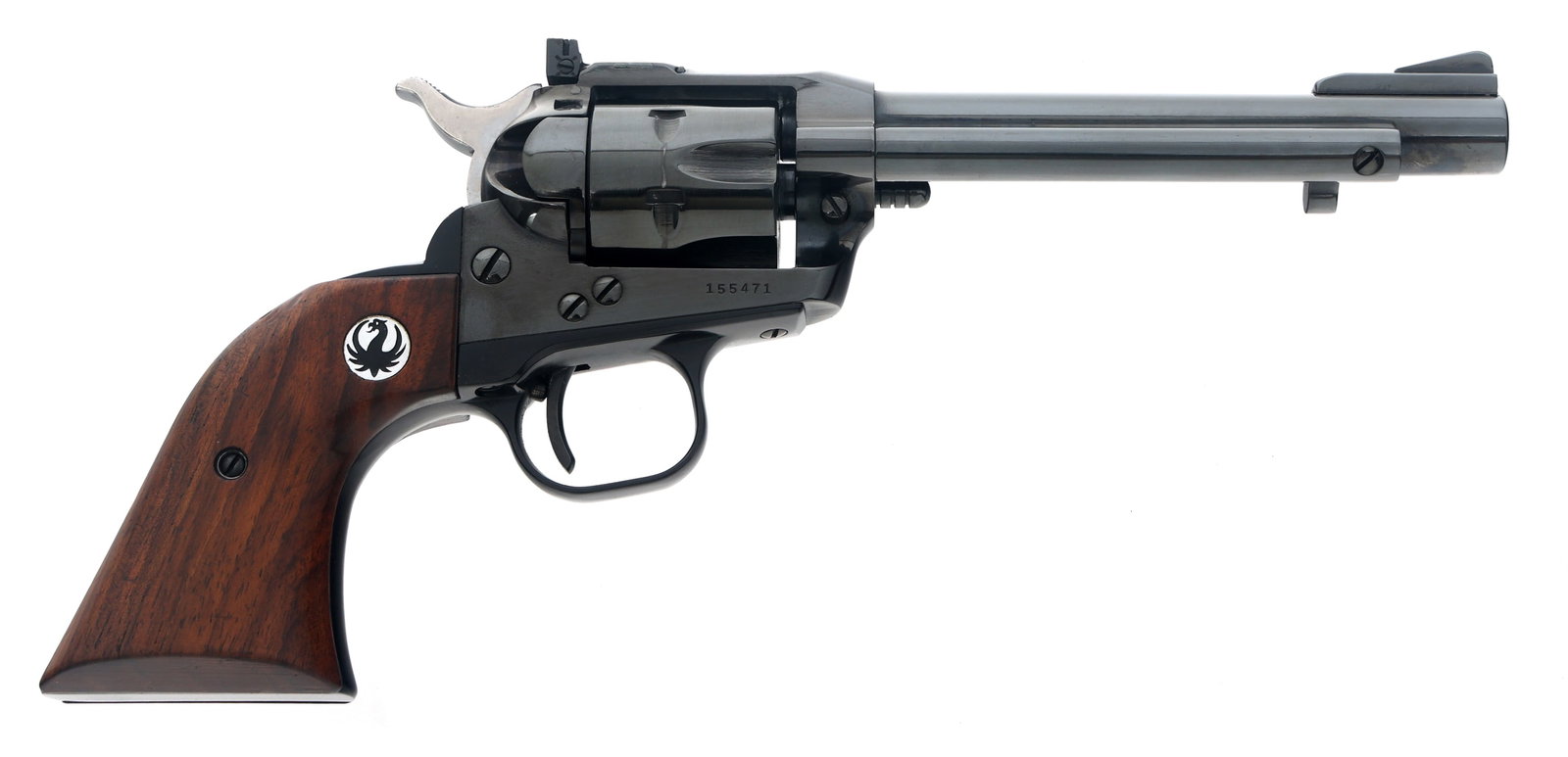 RUGER MODEL SINGLE SIX .22 CALIBER SA REVOLVER: RUGER MODEL SINGLE SIX .22 CALIBER SA REVOLVER 1960 Ruger Model Single Six .22 caliber single action revolver. Blued finish. Ramp front sight. Adjustable rear sight. Six shot fluted cylinder. Wood gri