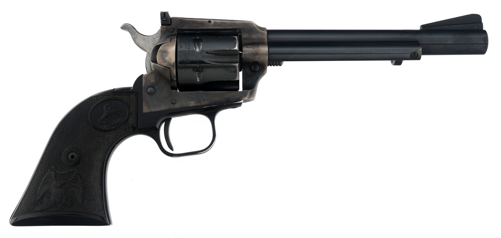 COLT MODEL NEW FRONTIER .22 LR CAL REVOLVER: COLT MODEL NEW FRONTIER .22 LR CAL REVOLVER Colt Model New Frontier .22 LR caliber SA revolver. Blued finish. Case hardened frame. Six-shot fluted cylinder. Checkered Colt composite grips. Blade front
