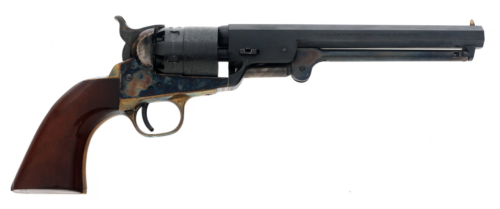 ARMSPORT 5136 .44 NAVY CALIBER PERCUSSION REVOLVER: ARMSPORT 5136 .44 NAVY CALIBER PERCUSSION REVOLVER Armsport Model 5136 .44 Navy caliber percussion revolver. Blued finish. Cylinder engraved with naval battle. Case hardened frame. Brass trigger guard