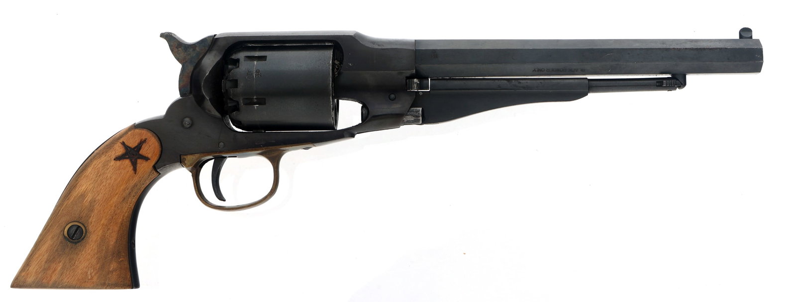 FIE MODEL 1858 NEW ARMY 44 CAL PERCUSSION REVOLVER: FIE MODEL 1858 NEW ARMY 44 CAL PERCUSSION REVOLVER FIE Model 1858 New Army .44 caliber percussion revolver. Blued finish. Fixed sights. Brass trigger guard. Wood grips with carved stars. Caliber / Gau