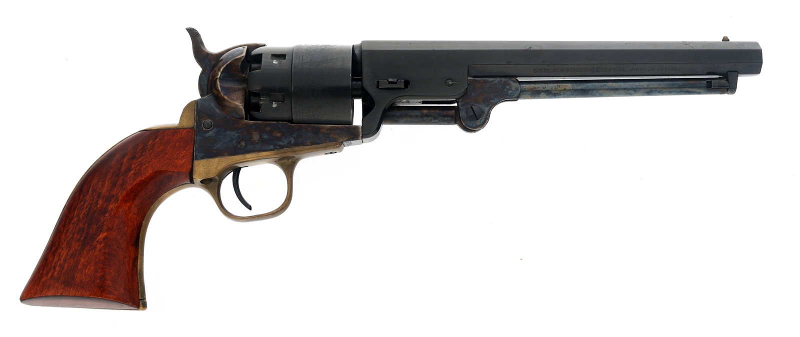 MODERN ITALIAN 1851 44 CALIBER PERCUSSION REVOLVER: MODERN ITALIAN 1851 44 CALIBER PERCUSSION REVOLVER Modern Italian Model 1851 Army .44 caliber percussion revolver. Blued finish. Cylinder engraved with naval battle. Case hardened frame. Brass trigger